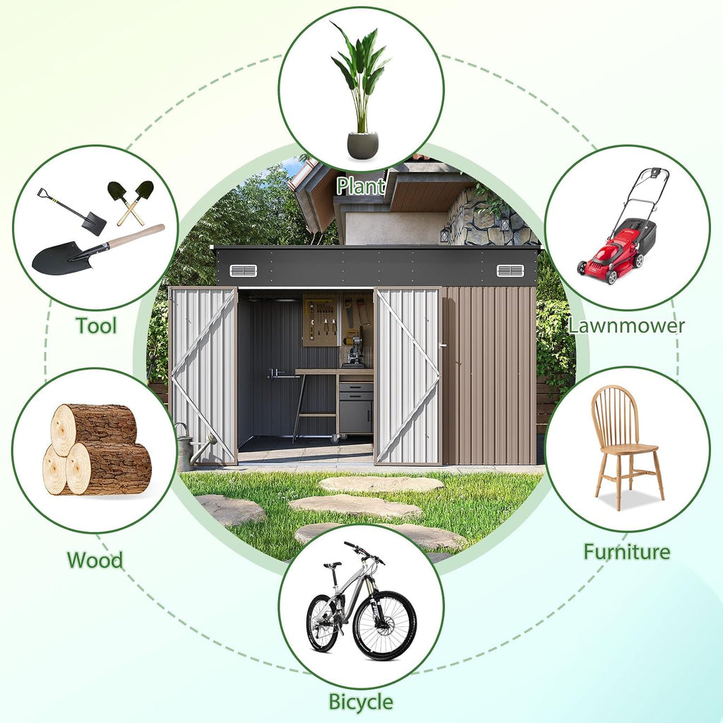9.5' x 7.5' Outdoor Metal Storage Shed with Sloping Roof & Triple Lockable Doors for Tools, Bicycles, Garden & Patio (Brown)
