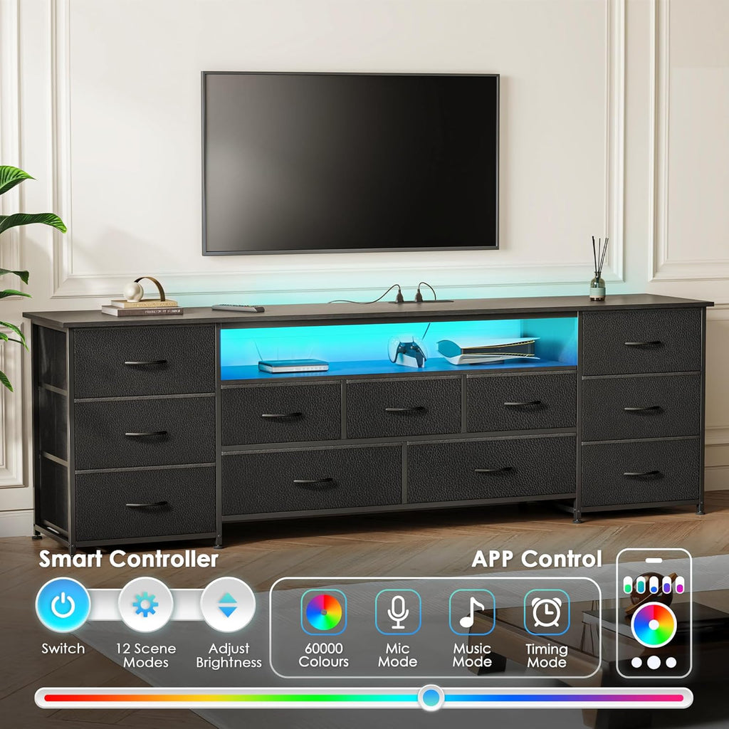 Huuger 70 Inch TV Stand for 75, 80 Inch TV, 11 Drawer Long Dresser with Power Outlets and LED Lights, Entertainment Center with Storage, Black Dresser with PU Leather Surface