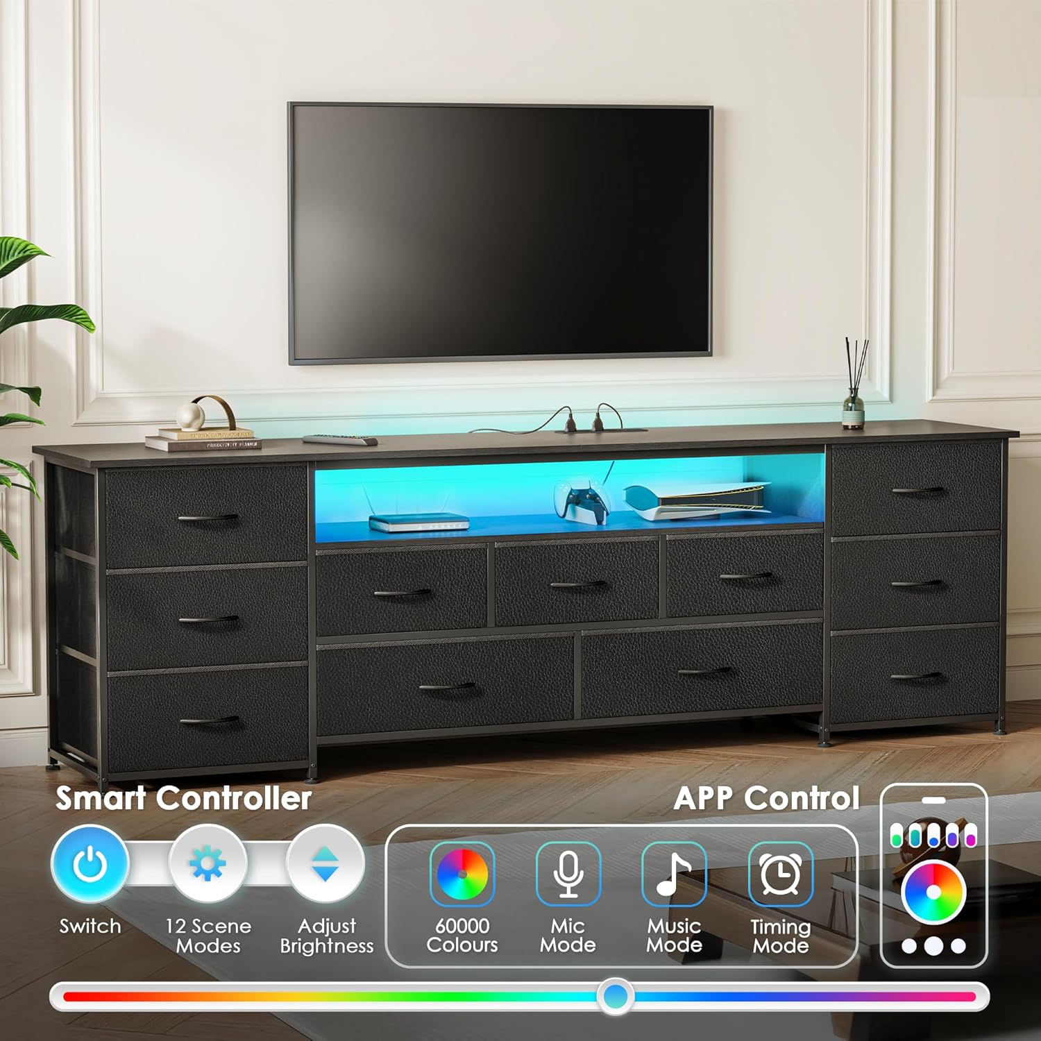 Huuger 70 Inch TV Stand for 75, 80 Inch TV, 11 Drawer Long Dresser with Power Outlets and LED Lights, Entertainment Center with Storage, Black Dresser with PU Leather Surface