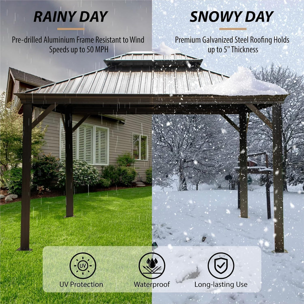 10 X 12ft Hardtop Gazebo with Nettings and Curtains, Heavy Duty Double Roof Galvanized Steel, Outdoor Aluminum Permanent Gazebos for Patios, Backyard, Deck, Garden, Lawns