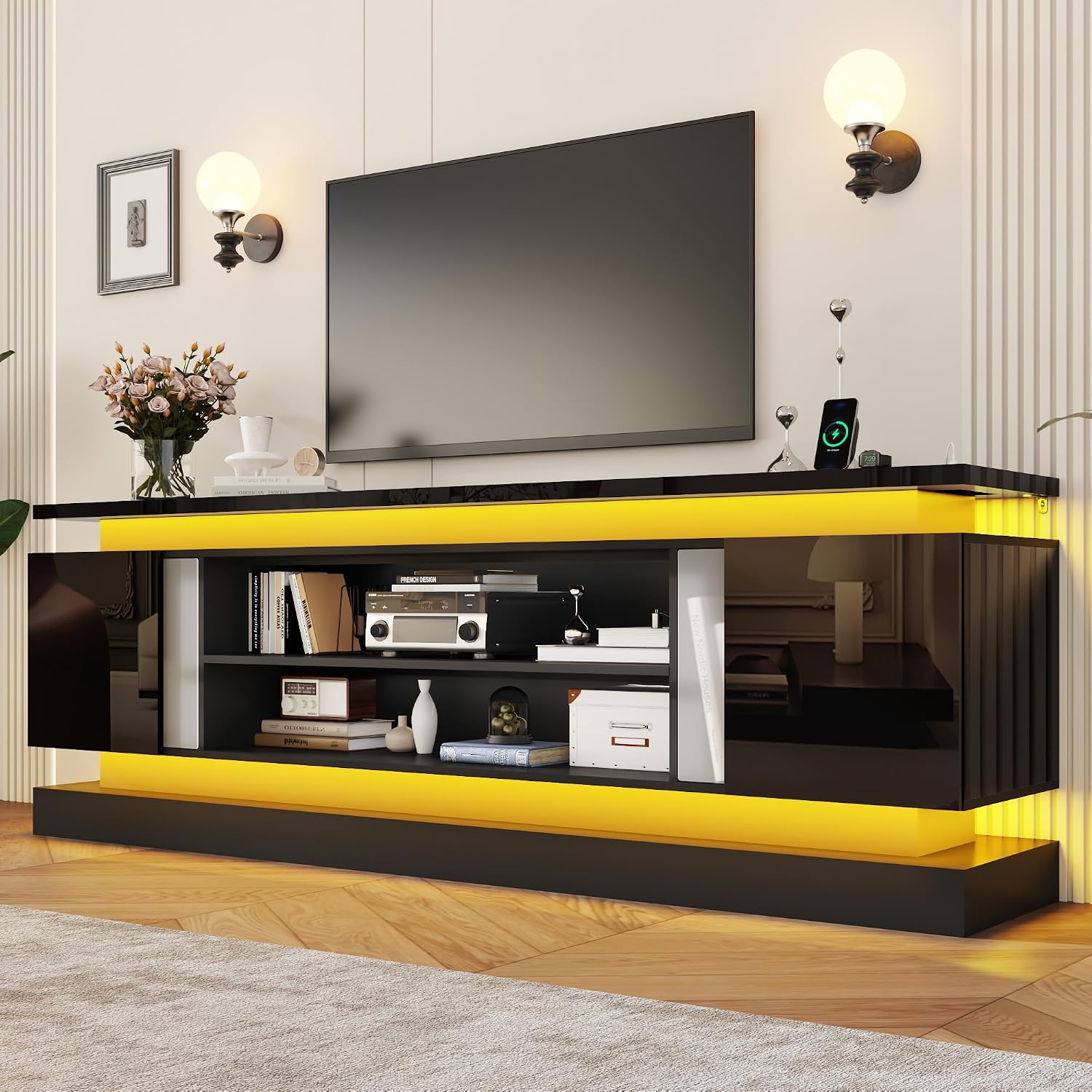chartustriable 81IN LED TV Stands w/Power Outlet for 90/80/75 Inch TVs,High Glossy Modern Tall Entertainment Center TV Media Console Gaming with 2 Storage Cabinets,Dual LED Lights,Black