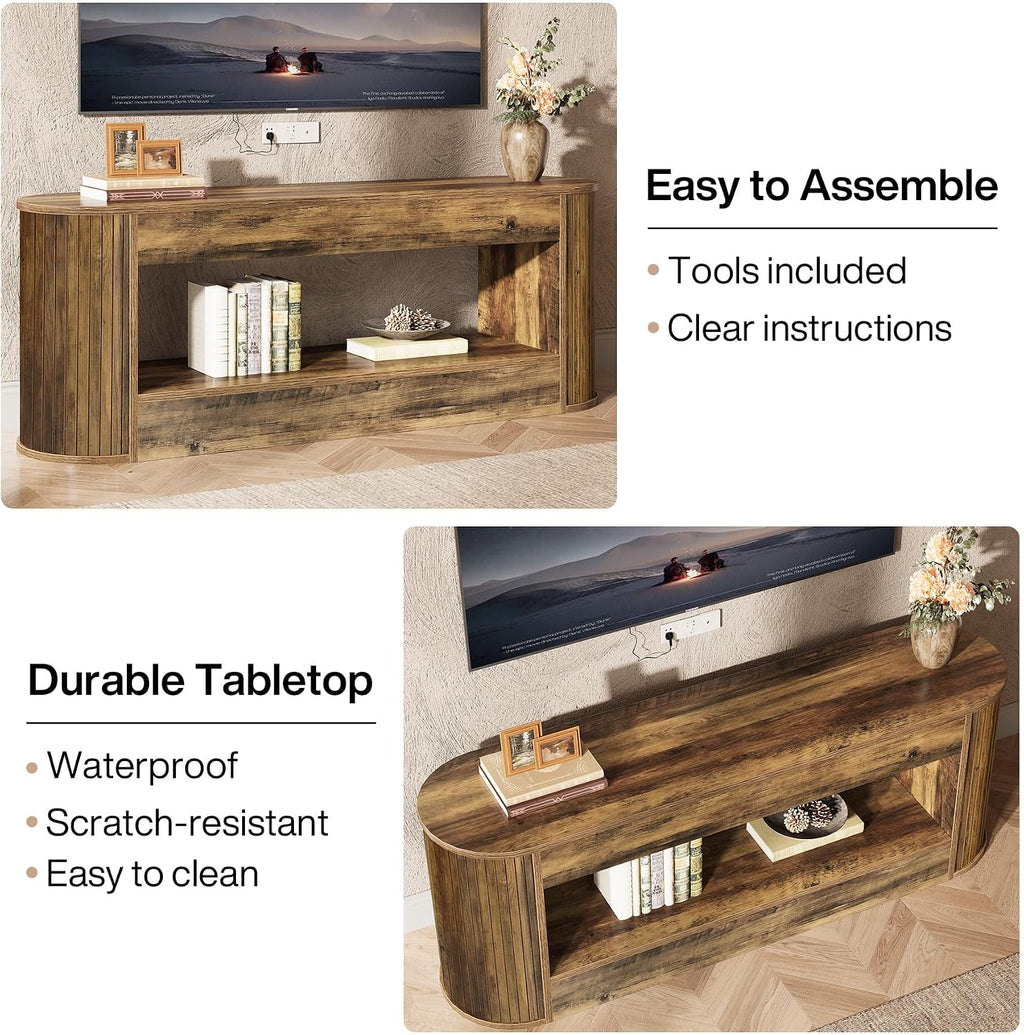 Tribesigns 63' TV Stand with Storage for 55/60/65/75 Inches TV, 2-Tier Farmhouse Television Stands with Fluted Panels, Entertainment Center Media Console for Living Room & Bedroom, Brown