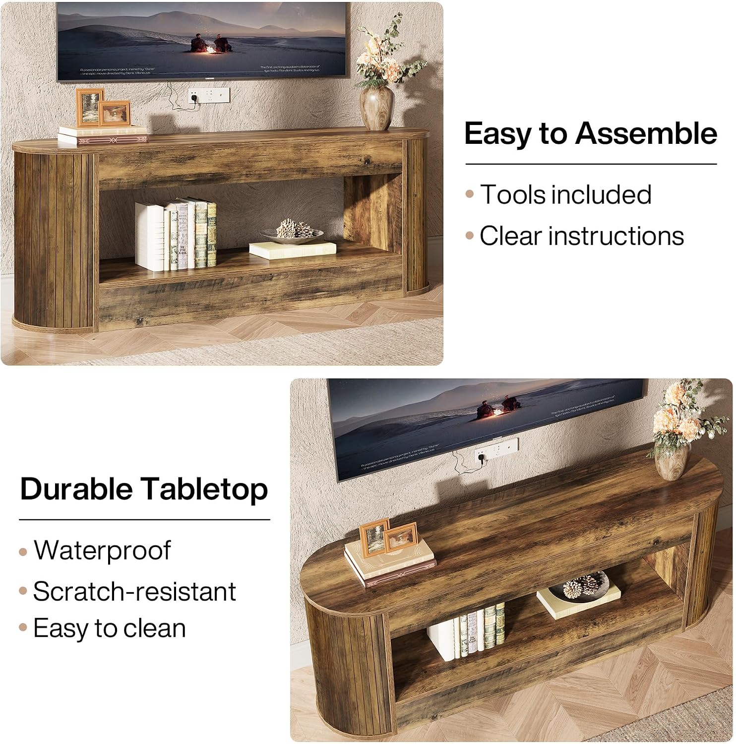 Tribesigns 63' TV Stand with Storage for 55/60/65/75 Inches TV, 2-Tier Farmhouse Television Stands with Fluted Panels, Entertainment Center Media Console for Living Room & Bedroom, Brown