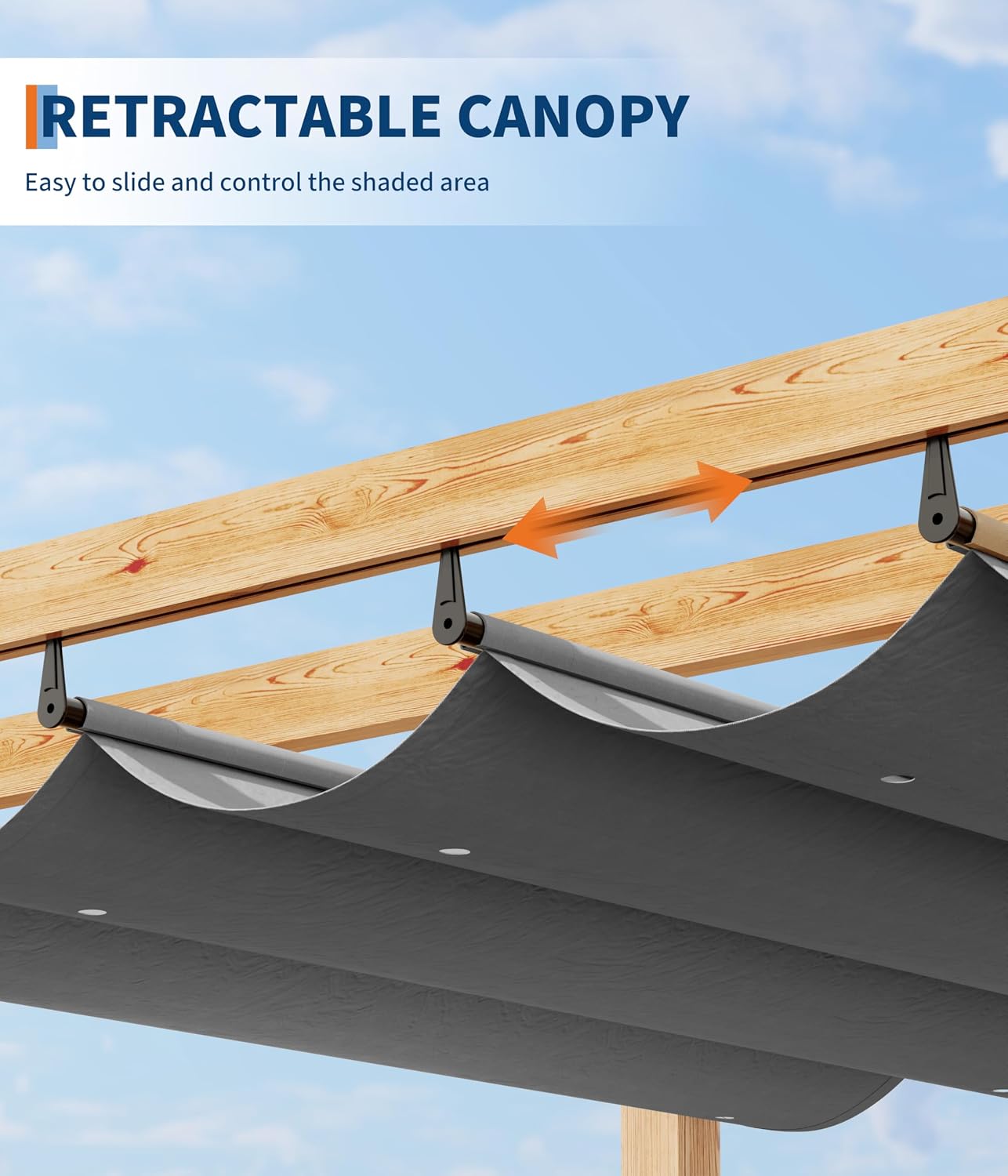 GarveeLife 10 x 10 ft Wood-Grain Aluminum Pergola Outdoor Pergola with Retractable Canopy Sun Shade Shelter for Garde Patio Backyard Deck - Gray