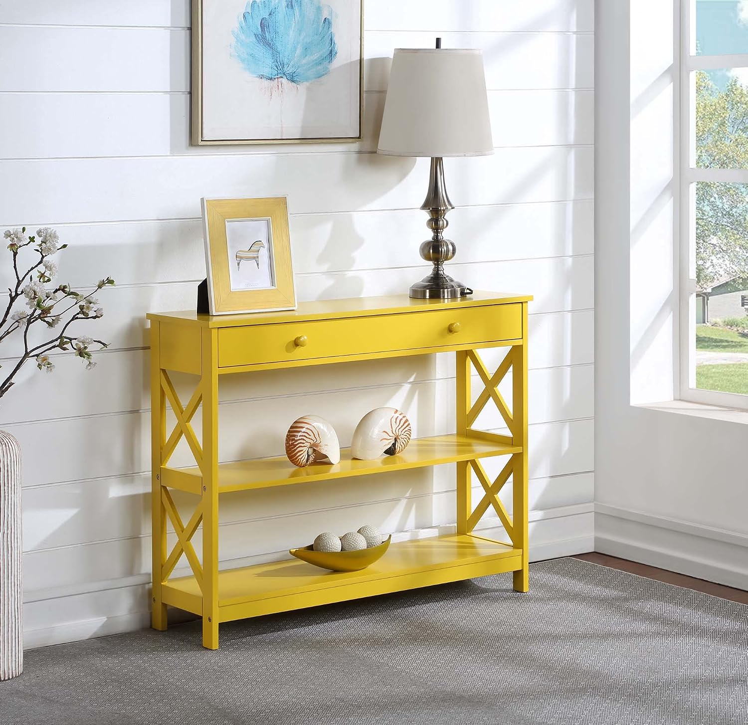 Convenience Concepts Oxford 1 Drawer Console Table with Shelves, Yellow