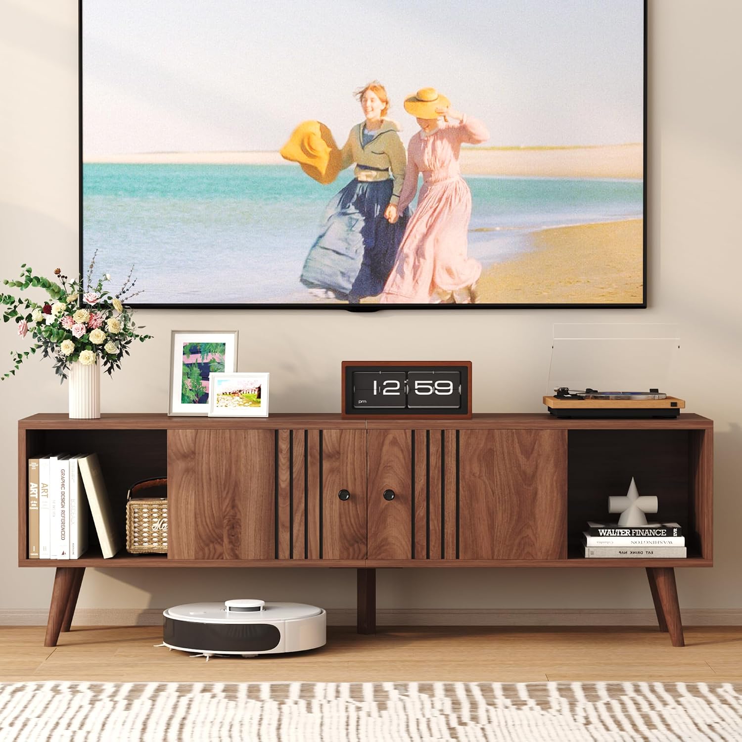 HOMEFORT TV Stand for 65/60/55 Inches, Mid-Century Modern TV Stand with Storage,Media Console Table,Entertainment Center with Sliding Door for TVs up to 65',for Bedroom,Living Room (Walnut)