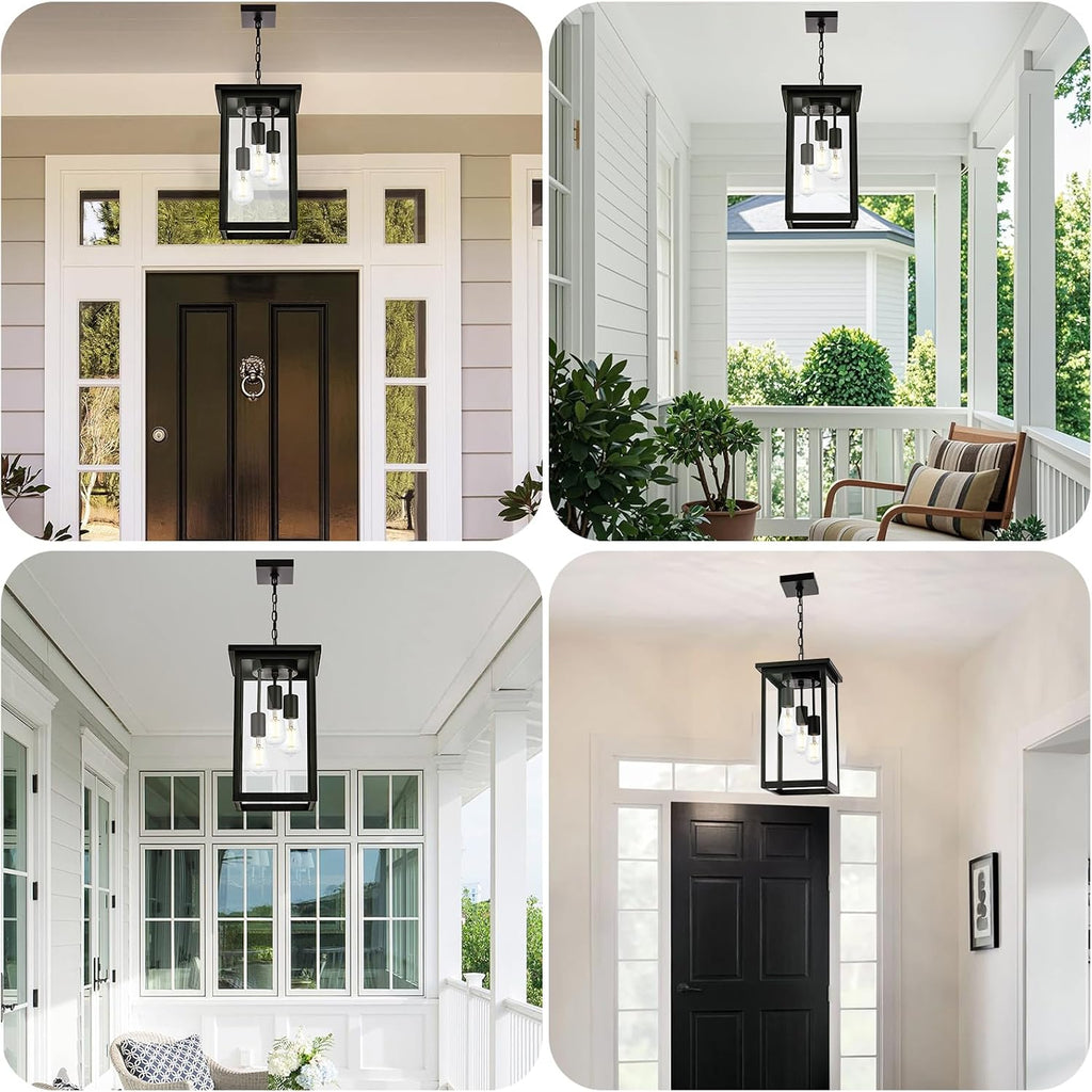 17'' Large Outdoor Pendant Light, 3-Lights Matte Black Exterior Hanging Lantern with Clear Glass, Outdoor Chandelier Ceiling Light Fixture for Porch, Patio, Gazebo, Entryway