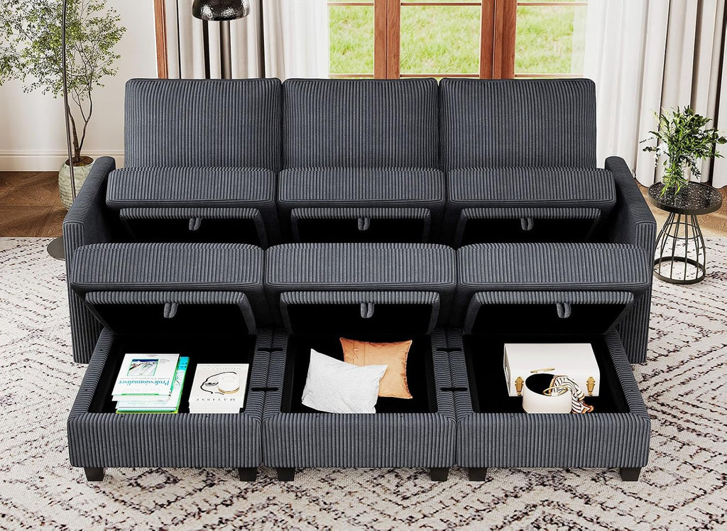 Belffin Modular Sectional Sleeper Sofa with Storage Seat 6 Seat Sectional Sleeper Sofa Bed Corduroy Sectional Couch with Reversible Chaise Dark Grey Modular Couch for Living Room