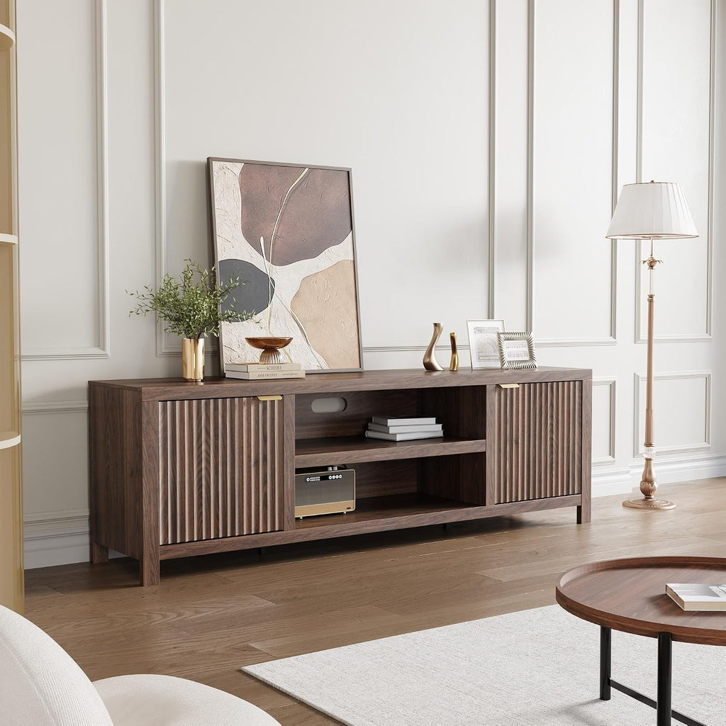 IDEALHOUSE Fluted TV Stand for 75+ Inch, Modern Entertainment Center with 2-Tier Storage & Adjustable Shelves, Media Console Cabinet with 2 Fluted Doors and Gold Handle for Living Room Bedroom, Walnut