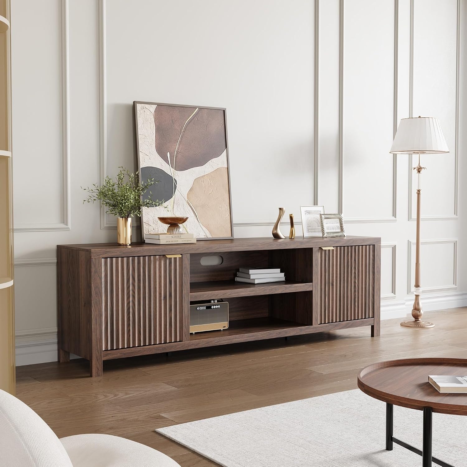 IDEALHOUSE Fluted TV Stand for 75+ Inch, Modern Entertainment Center with 2-Tier Storage & Adjustable Shelves, Media Console Cabinet with 2 Fluted Doors and Gold Handle for Living Room Bedroom, Walnut