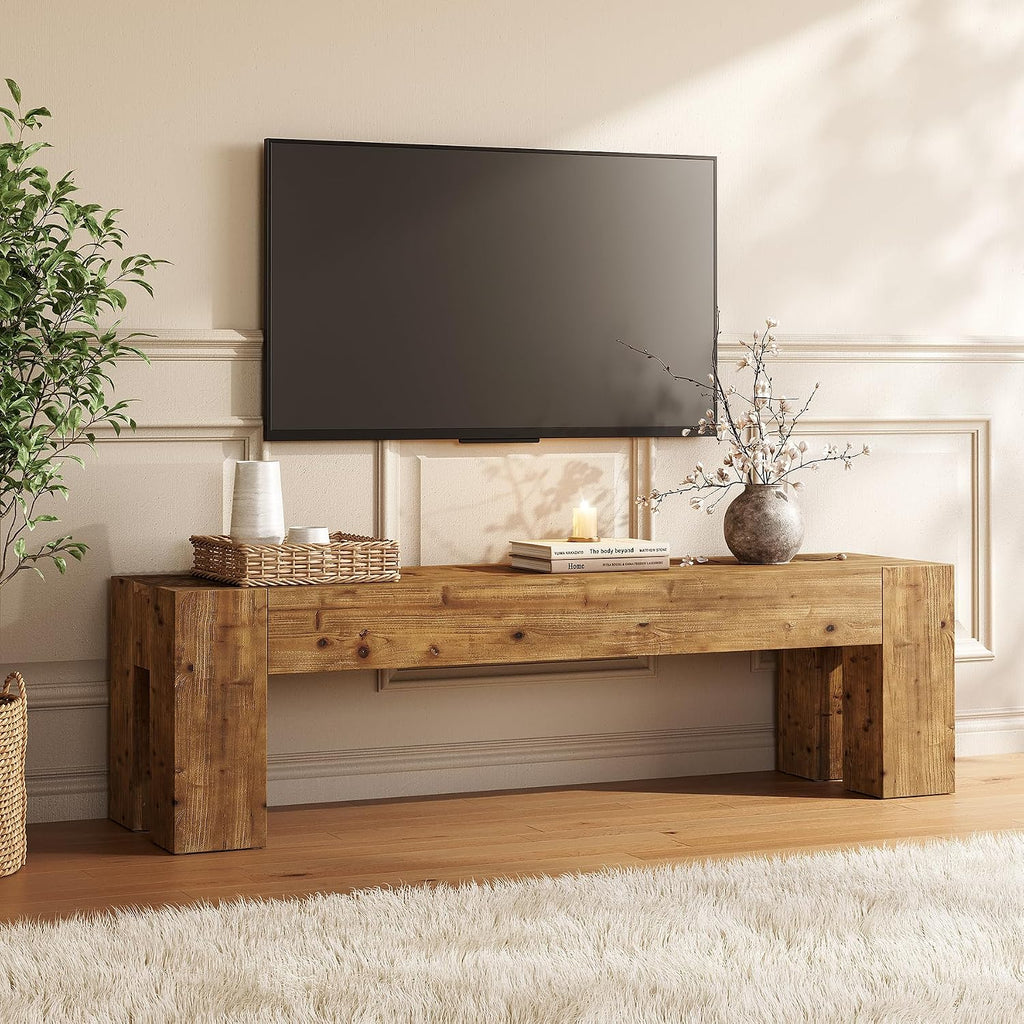 Solid Wood TV Stand, 63' Rustic Extra Long Heavy Duty Media TV Consoles Table with Sturdy Frame for Living Room Gaming Entertainment Center for TVs up to 70 Inches (Walnut)