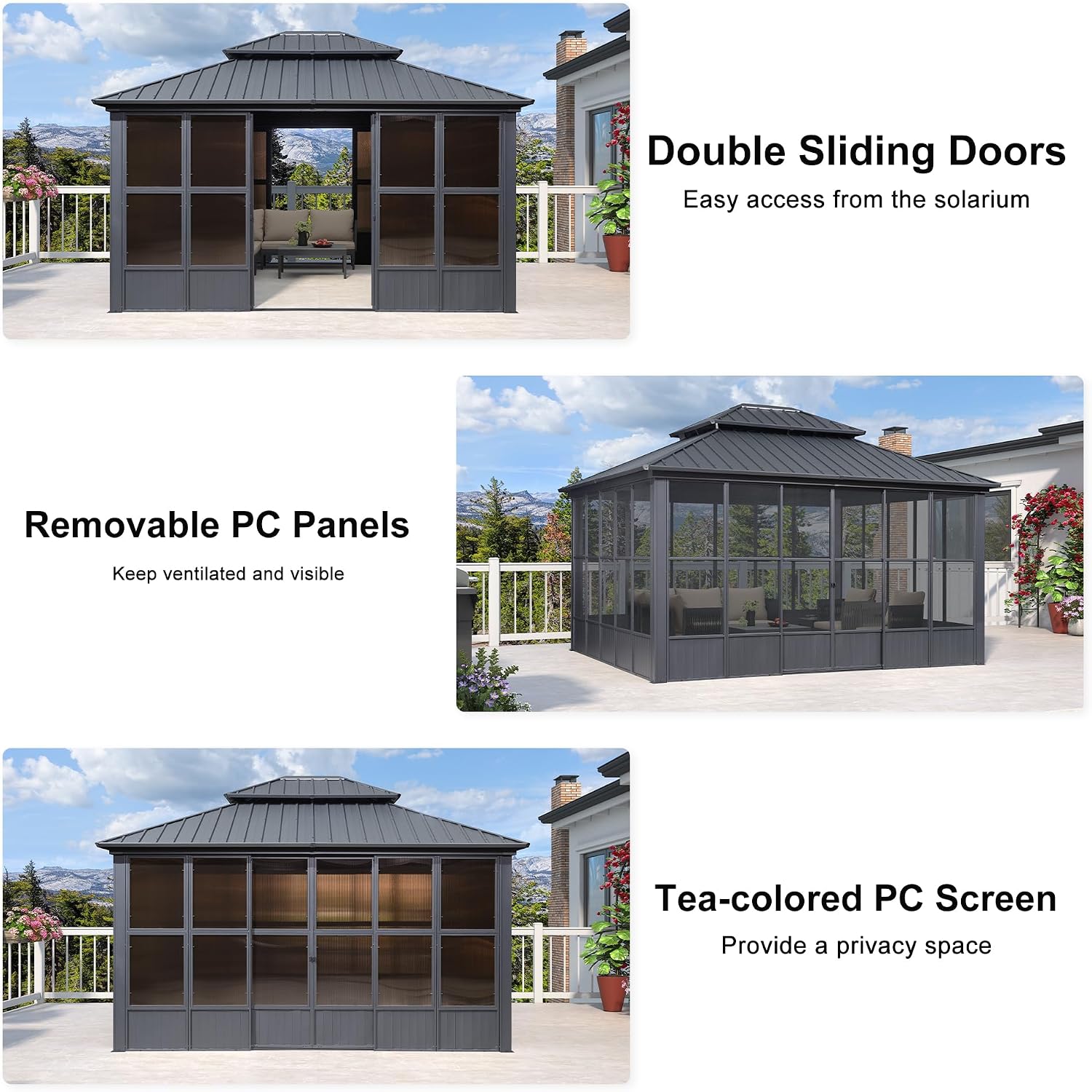 PURPLE LEAF 12' X 16' Solarium Sunroom Permanent Hardtop Gazebo Galvanized Steel Double Roof Aluminum Outdoor Screen House for Lawn Deck Backyard Grey