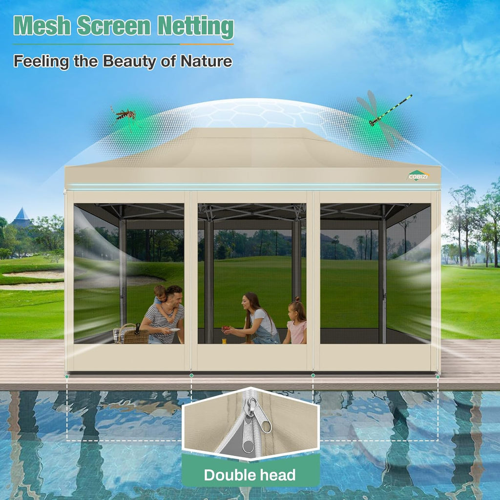 COBIZI 10x15 Canopy Tent, Heavy Duty Pop up Canopy with Sidewalls, Waterproof Easy Setup Canopy with Mosquito Netting, Outdoor Instant Screen Tents for Parties, Wedding, Backyard with Carry Bag, Khaki