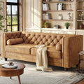 ONBRILL 79'' Faux Leather Couch for Living Room, Comfy Chesterfield Button-Tufted Sofa with 2 Bolster Pillows and Wood Legs, Mid-Century Modern Deep Seat Couch for Apartment, Office, Caramel