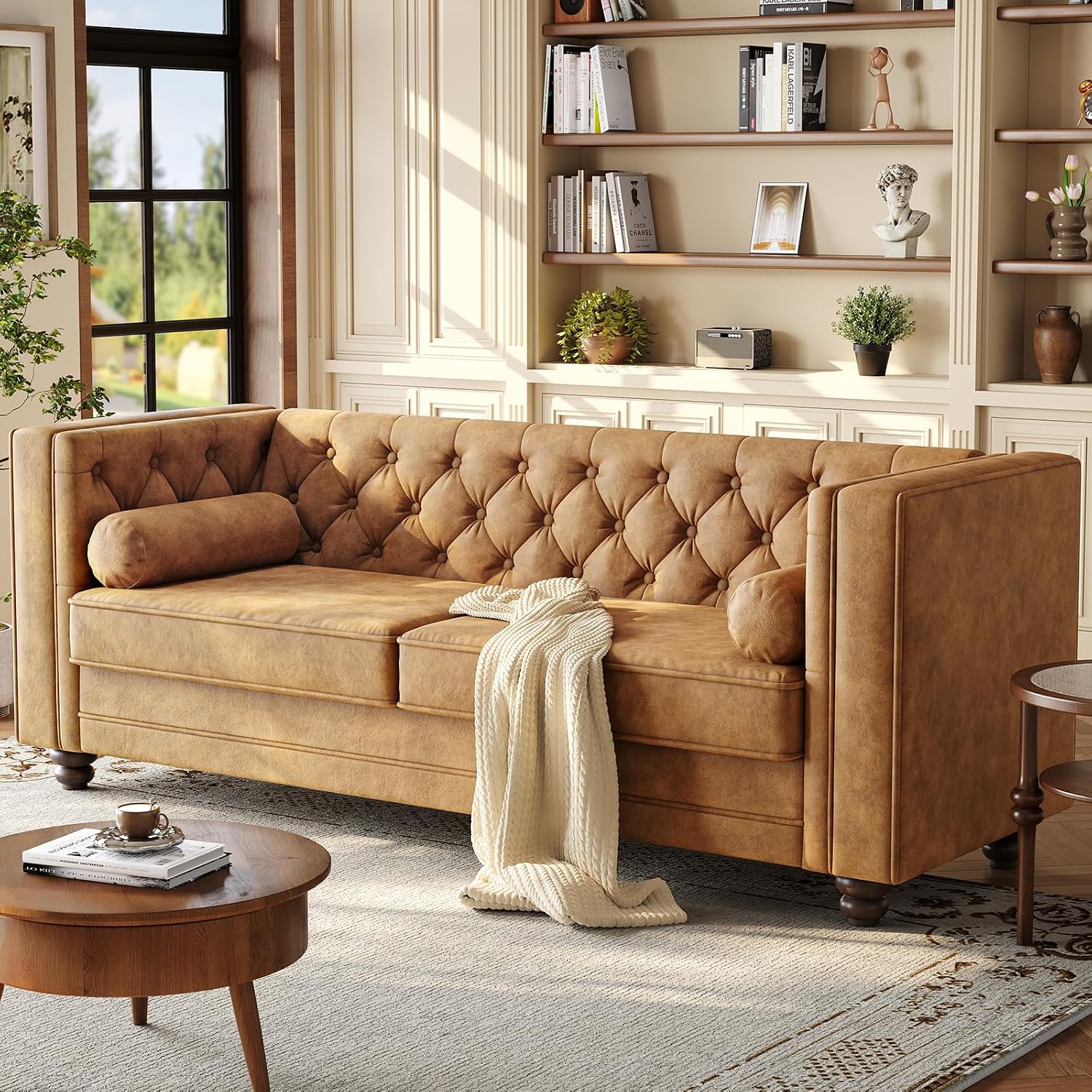 ONBRILL 79'' Faux Leather Couch for Living Room, Comfy Chesterfield Button-Tufted Sofa with 2 Bolster Pillows and Wood Legs, Mid-Century Modern Deep Seat Couch for Apartment, Office, Caramel