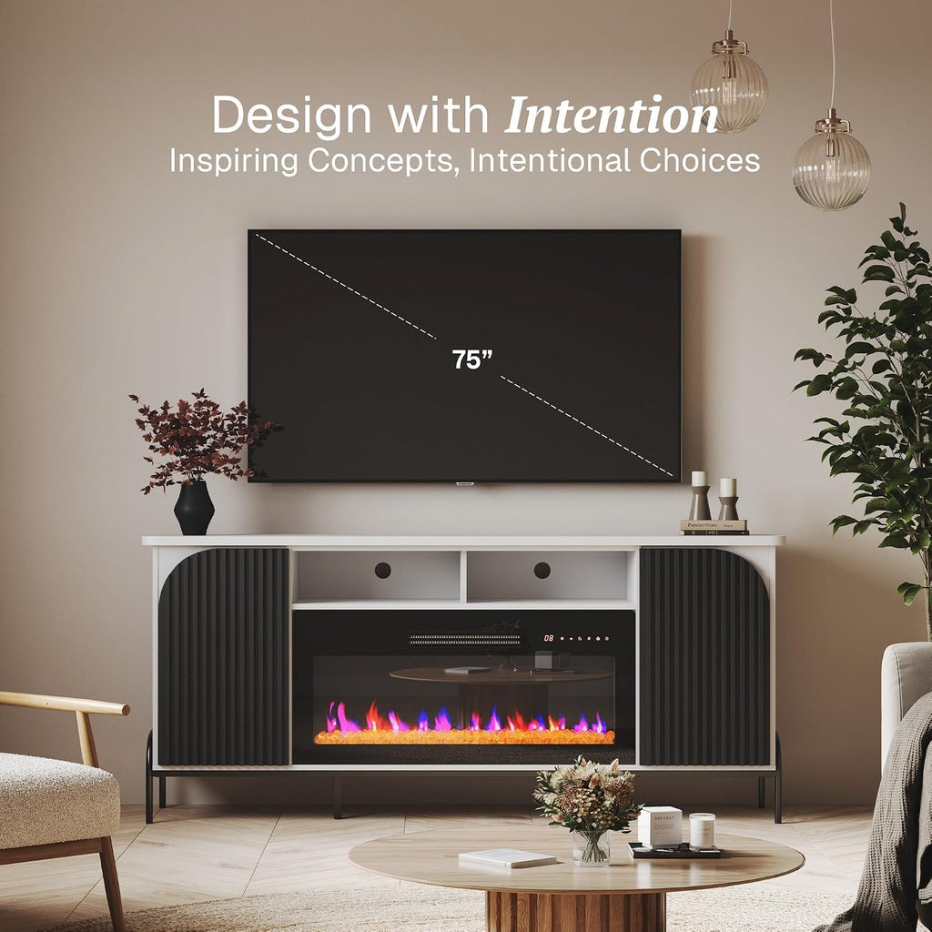 BELLEZE 68' Fluted TV Stand with 36' Electric Fireplace, Modern Entertainment Center with Storage for TVs Up to 75', Media Console with Curved Panel & Door,TV Cabinet for Living Room Bedroom (White)