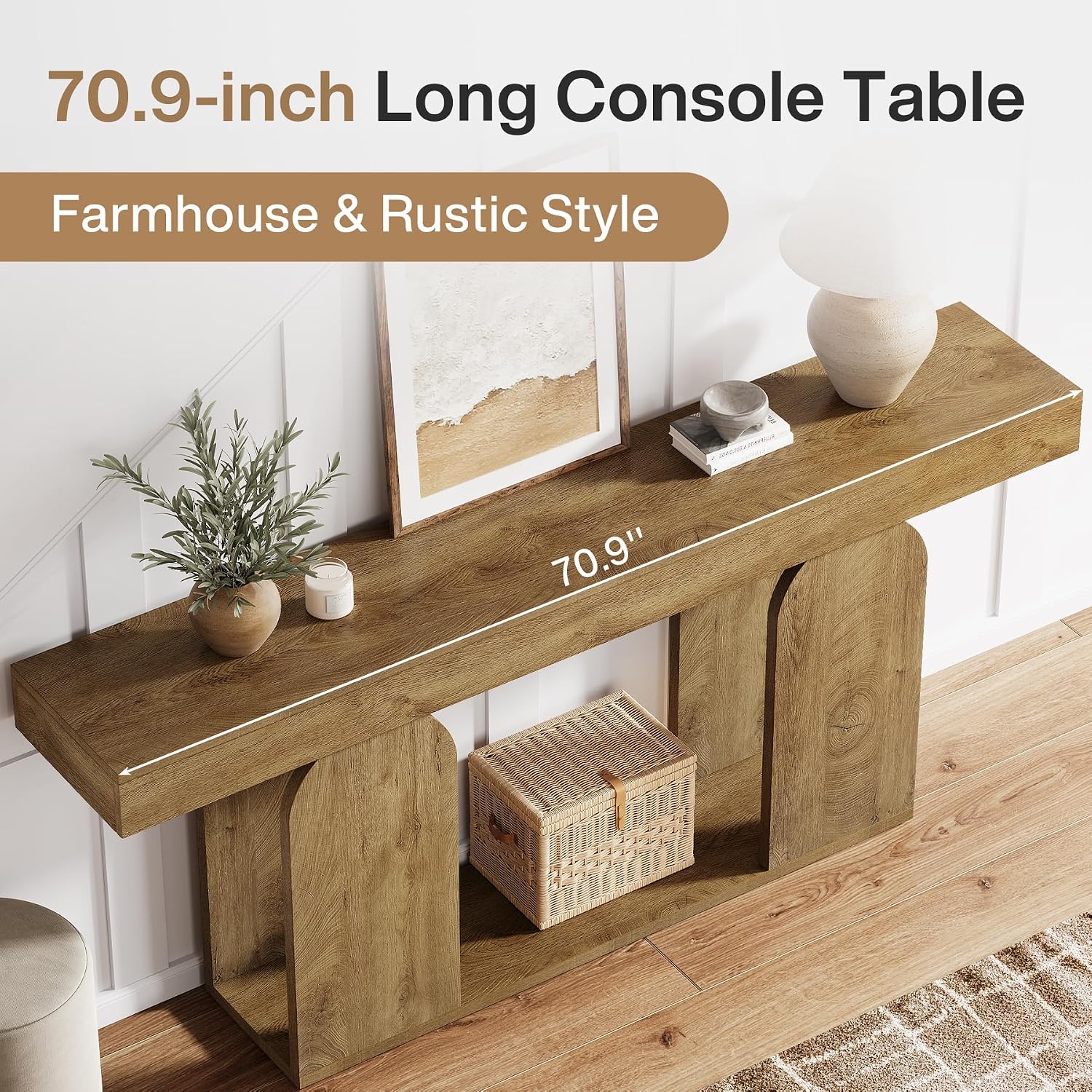 Tribesigns 70.9-Inch Extra Long Sofa Table, Farmhouse Console Tables with Wood Frame and Storage Shelf, 2-Tier Wood Table Behind Couch for Living Room, Hallway, Foyer, Light Brown