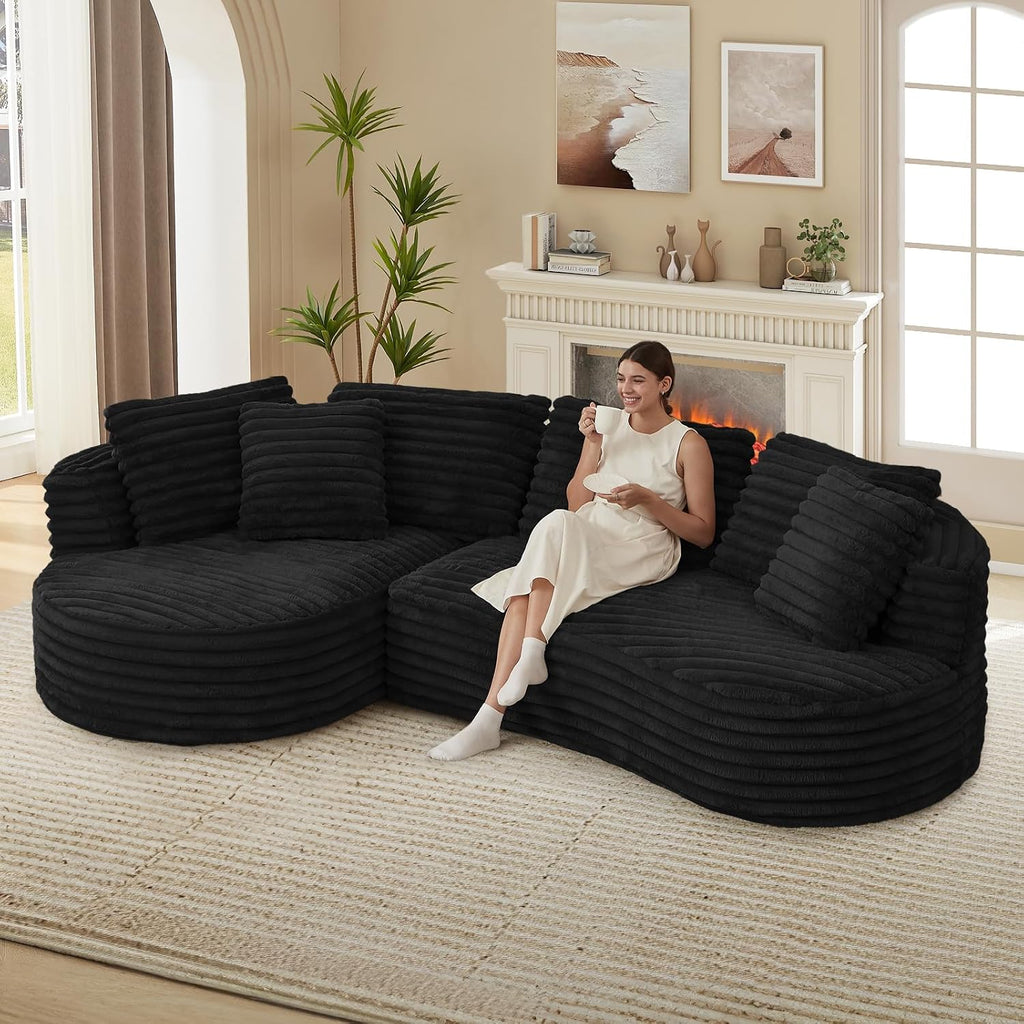 120'W Oversized Modern Curved Cloud Couch,Corduroy Modular Sectional Sofa with Chaise, L Shaped Boneless Couch, Compression Foam Sofa for Living Room Bedroom, No Assembly Required(Left Facing, Black)