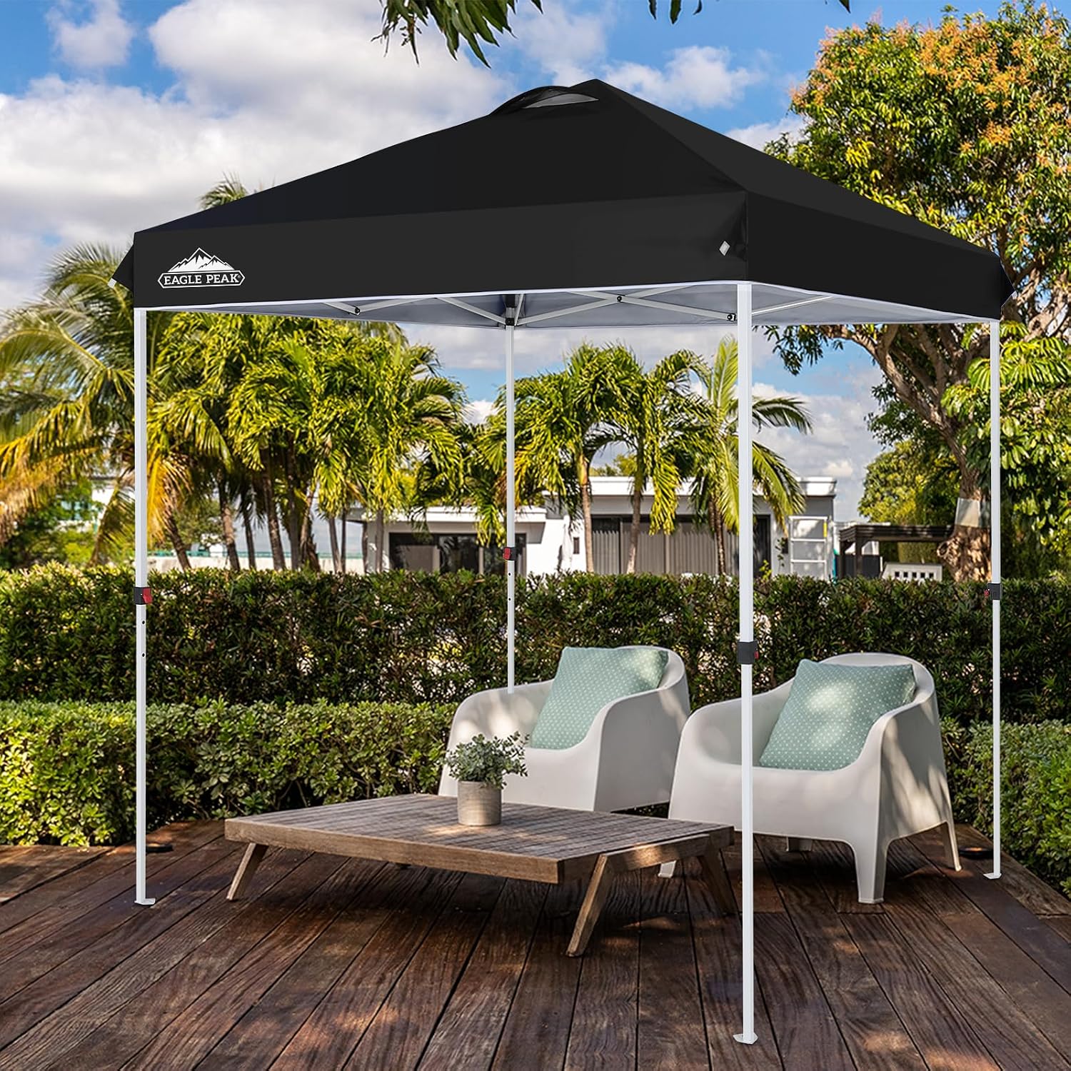 EAGLE PEAK Pop Up Canopy Tent with Wheeled Carry Bag, 8 Stakes, 4 Ropes, Easy Set Up Tent Canopy, 6.6x6.6 ft, Black