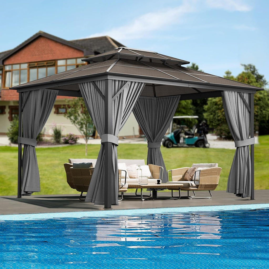 10'x12' Hardtop Gazebo - Heavy Duty Galvanized Steel Frame with Double Roof, Includes Netting & Curtains for Patio/Backyard (Gray)