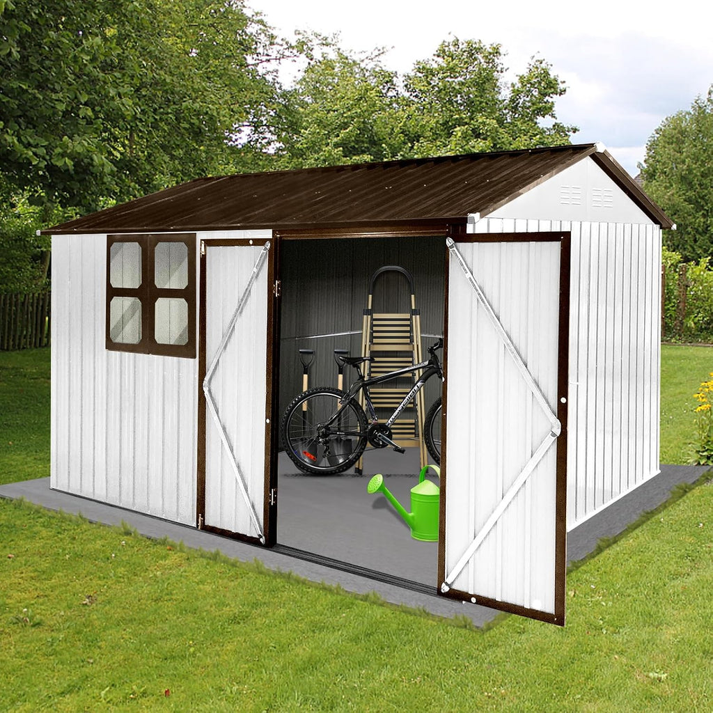 10x8 ft Outdoor Metal Storage Shed with Window, Aluminum Frame and Galvanized Steel Plate Tool Shed with Lockable Door, Air Vent, Waterproof Garden Storage House for Backyard (White)
