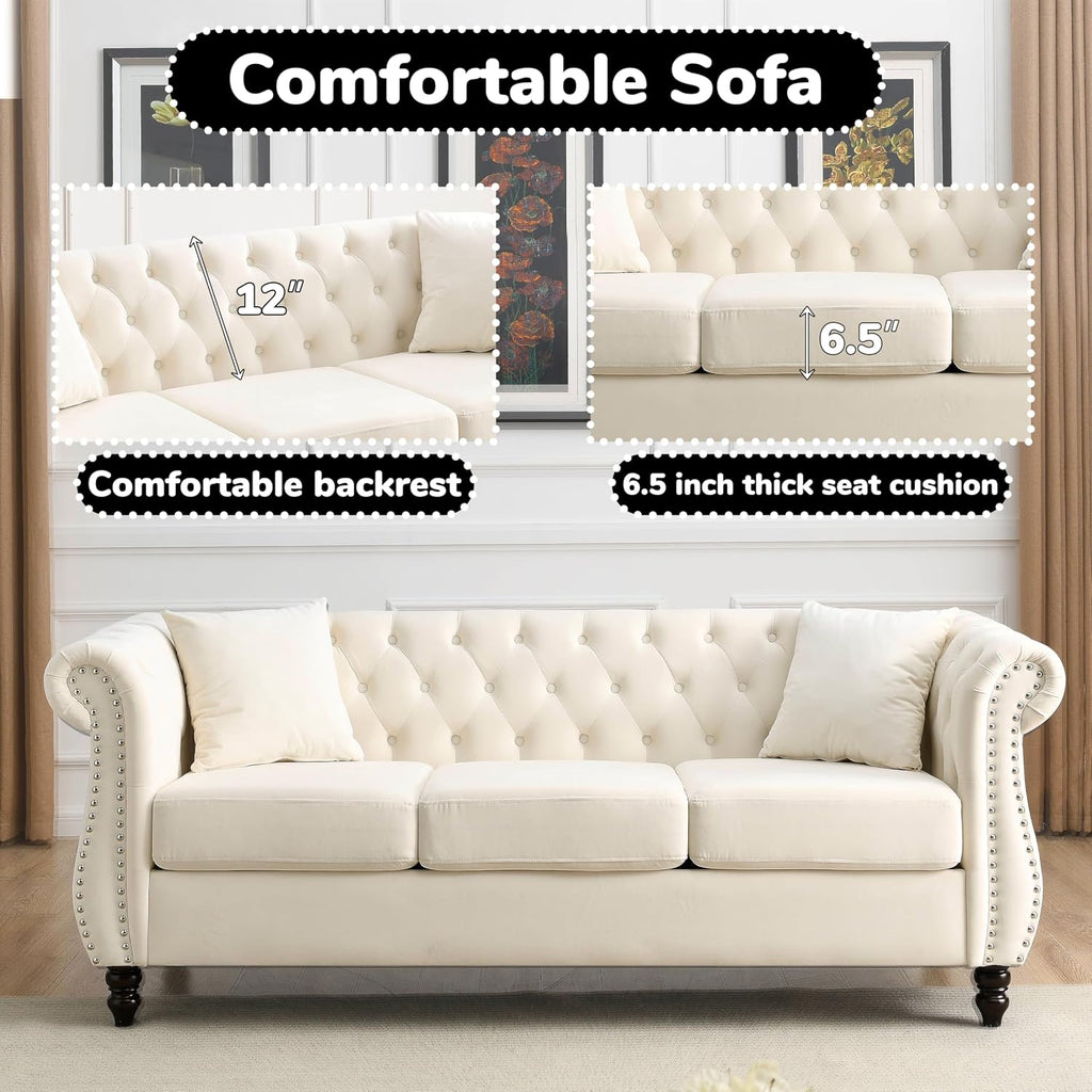 2 Piece Modern Beige Velvet 80' 3-Seater Sofa Sets, Upholstered Tufted Backrests with 8' Rolled Nailhead Arms, Combination Couch with 4 Pillows for Living Room