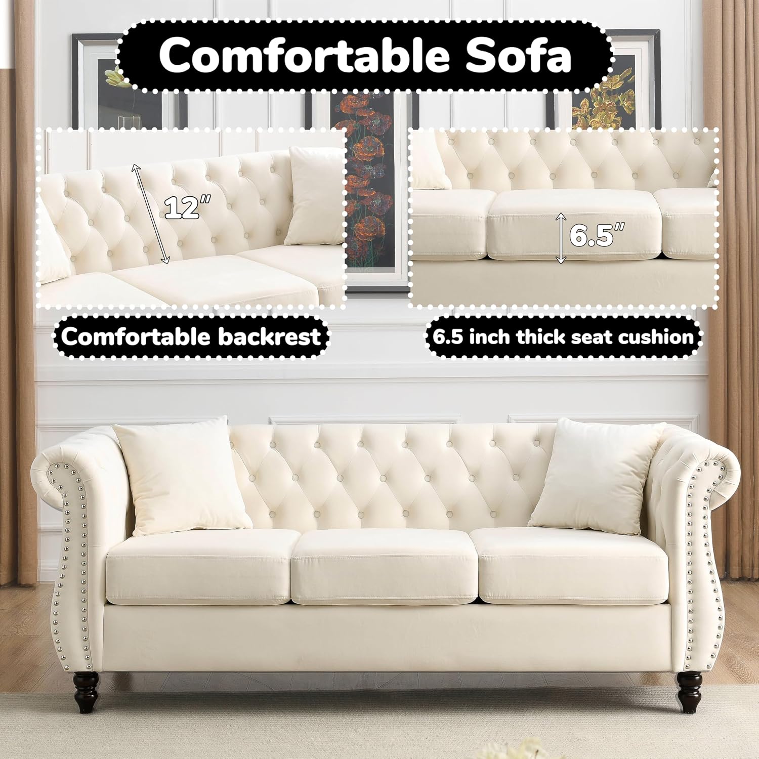 2 Piece Modern Beige Velvet 80' 3-Seater Sofa Sets, Upholstered Tufted Backrests with 8' Rolled Nailhead Arms, Combination Couch with 4 Pillows for Living Room