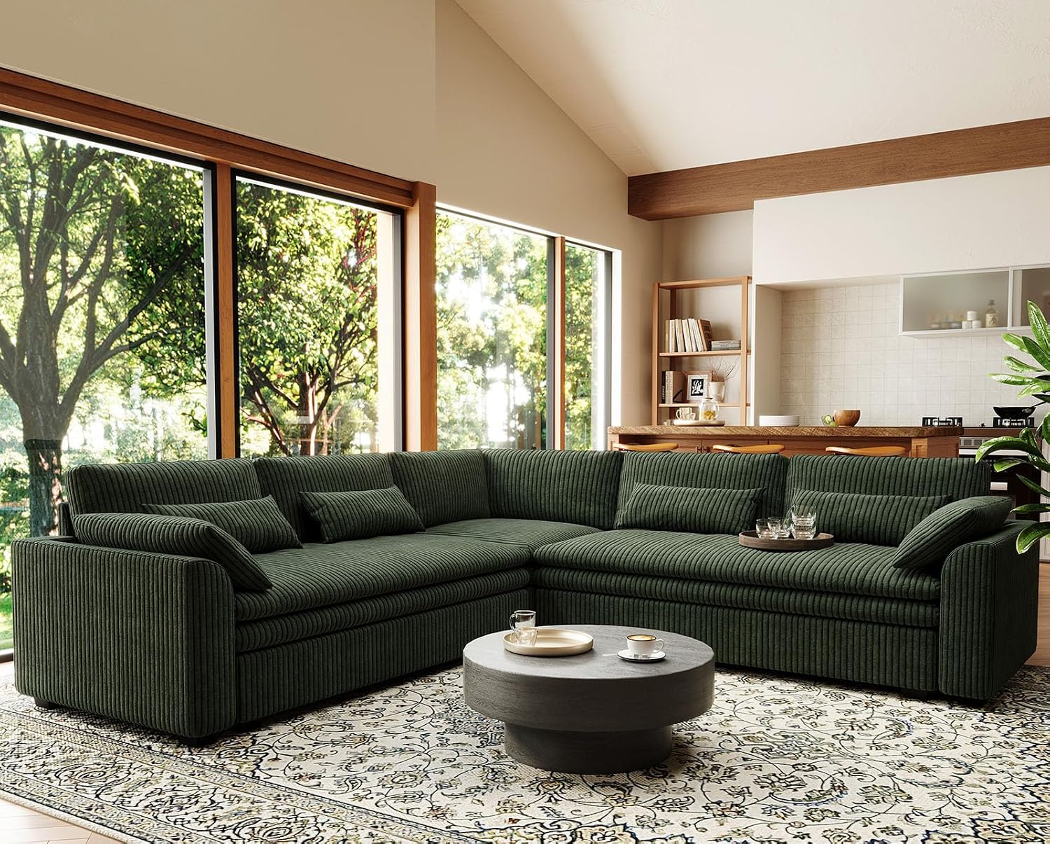 Belffin Large Modular Sectional Sofa with Double 61' Loveseat, Corduroy Corner Couch with 9' Soft Dual-Layer Seats Cushion for Living Room, Apartment, Small Sapce, Green