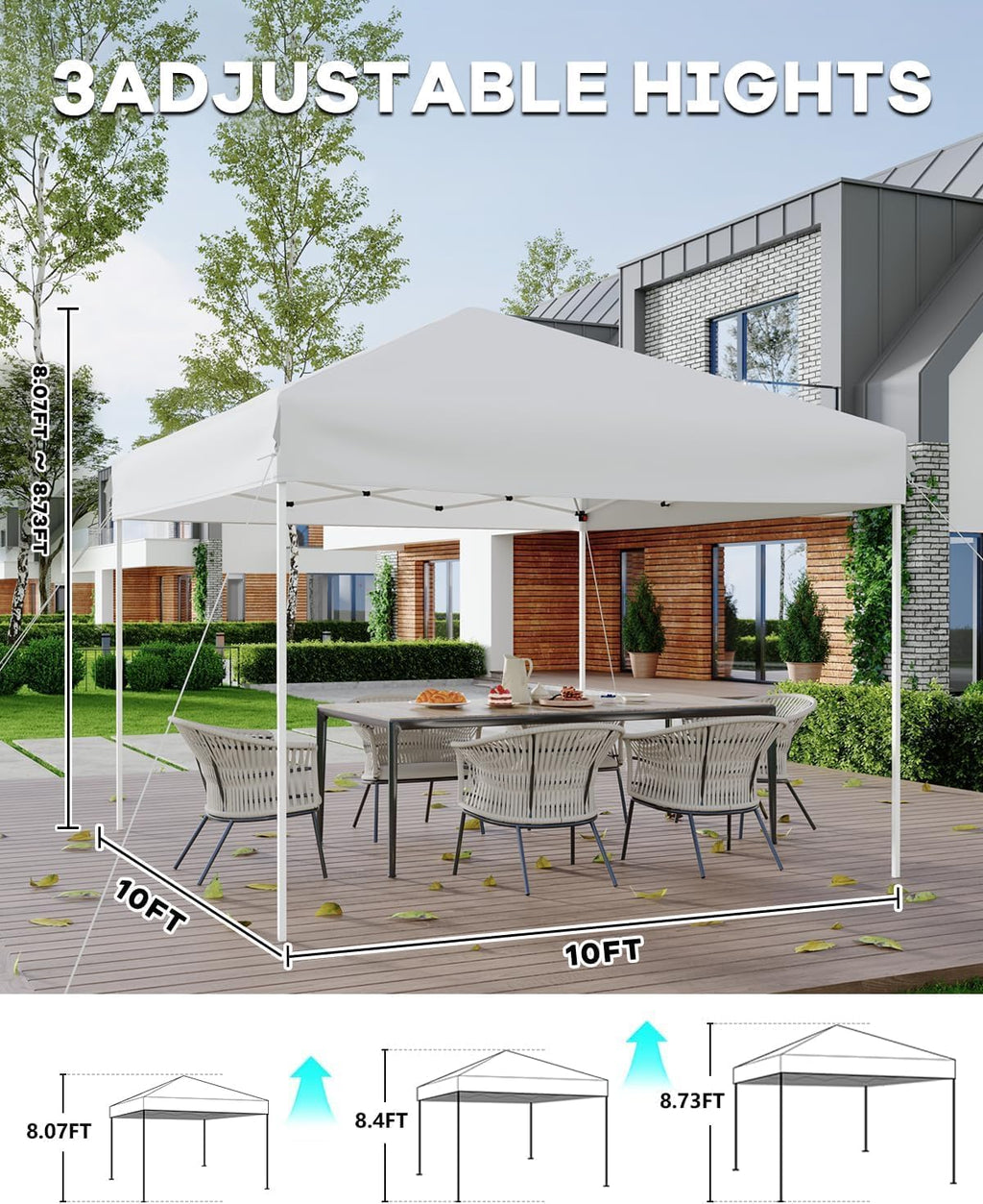 10x10 Pop Up Canopy Tent with 3 Sidewall - One-Button Instant Setup, Heavy-Duty 210D Oxford Fabric & Rust-Proof Frame - 3 Adjustable Heights, Roller Bag, 4 Sandbags - UV Protection for Beach, Party