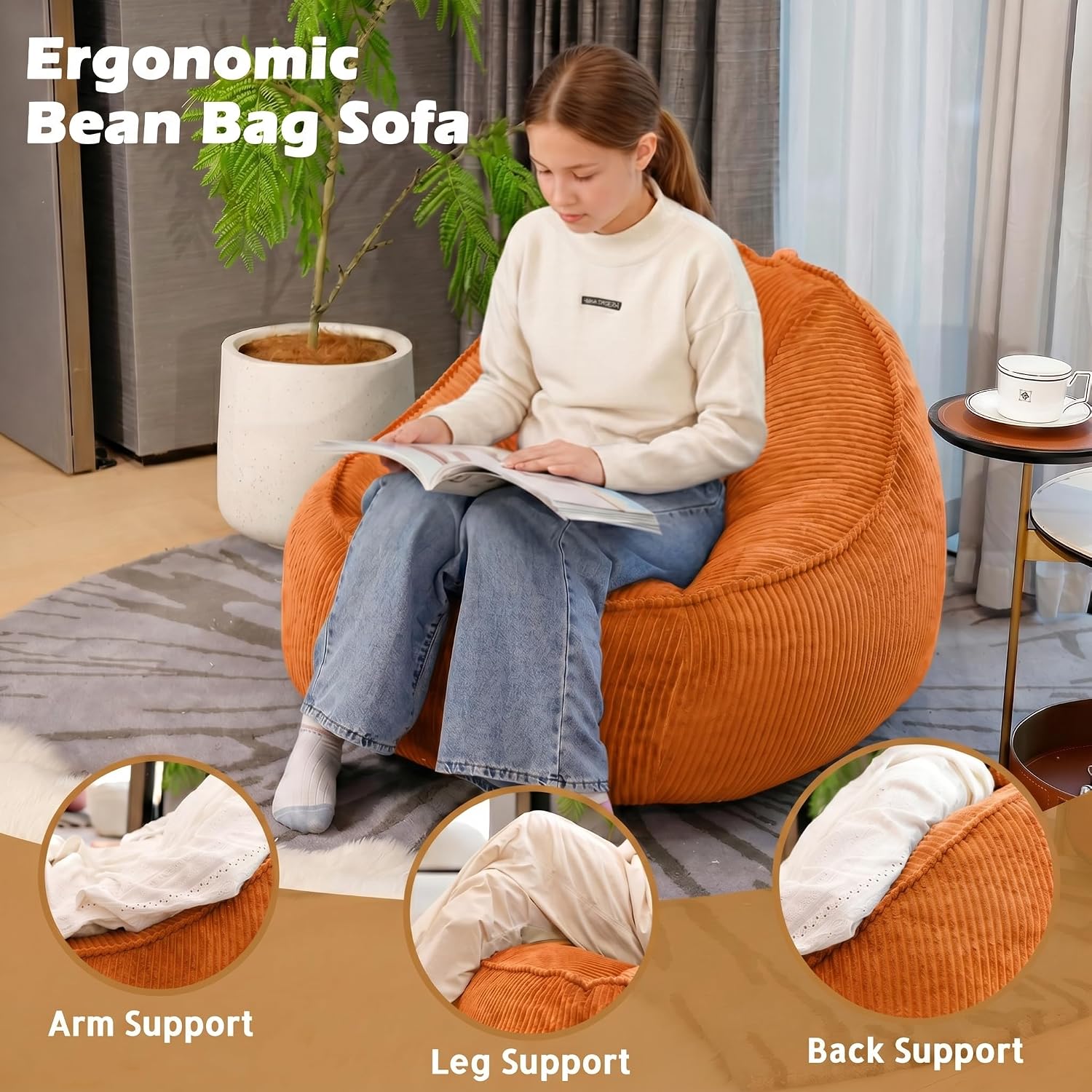 Bean Bag Chair, Cozy Fluffy Beanbag Chairs with Filler for Teens and Kids, Floor Lazy Sofa for Living Room Gaming & Reading (M-Burnt Orange)