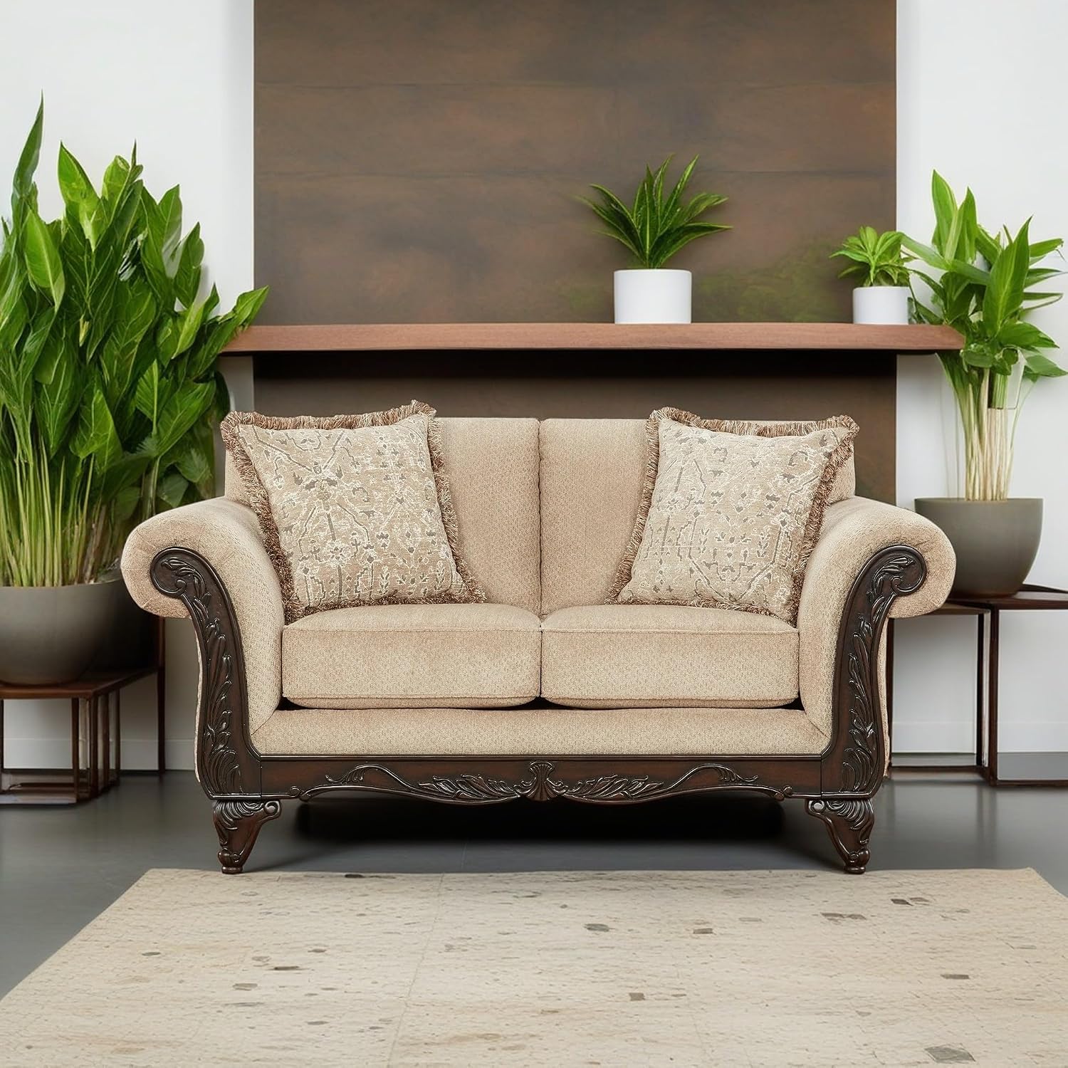 Hernen Carved Wood Frame 5-Piece Living Room Set, Beige Wheat
