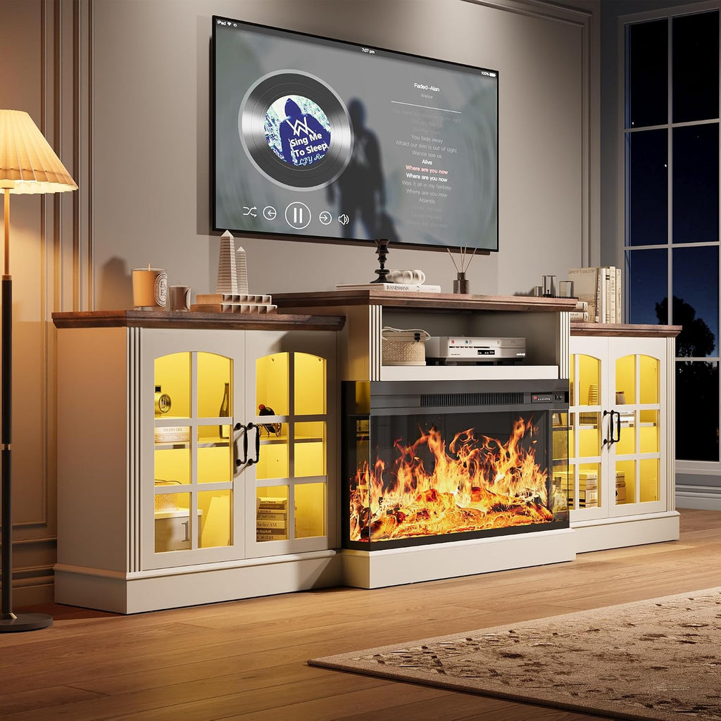 97' Fireplace TV Stand with 36' Electric Fireplace, Farmhouse Entertainment Center for TVs up to 100', Media Console Table with Large Storage Cabinets, for Living Room, White