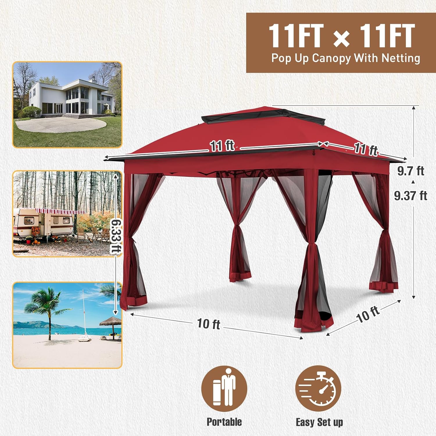 11x11 Pop Up Gazebo Tent with Mesh Netting, Instant Outdoor Canopy with UPF 50+ UV Protection, Water Resistant, Red