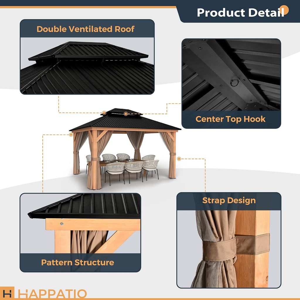 HAPPATIO 11' × 13' Wood Gazebo, Outdoor Hardtop Gazebo with Mosquito Netting and Curtains, Double Metal Roof Patio Hard Top for Garden, Patio, Deck, Parties (Brown)
