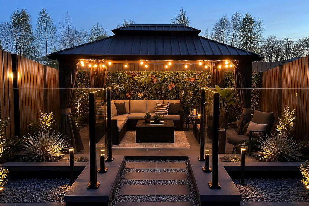 PURPLE LEAF 10'x14' Hardtop Gazebo with Lights Wind-Resistant Galvanized Steel Dual-Layer Double Roof Outdoor Patio Pavilion Including Netting and Privacy Curtains for Lawn Garden Backyard Grey