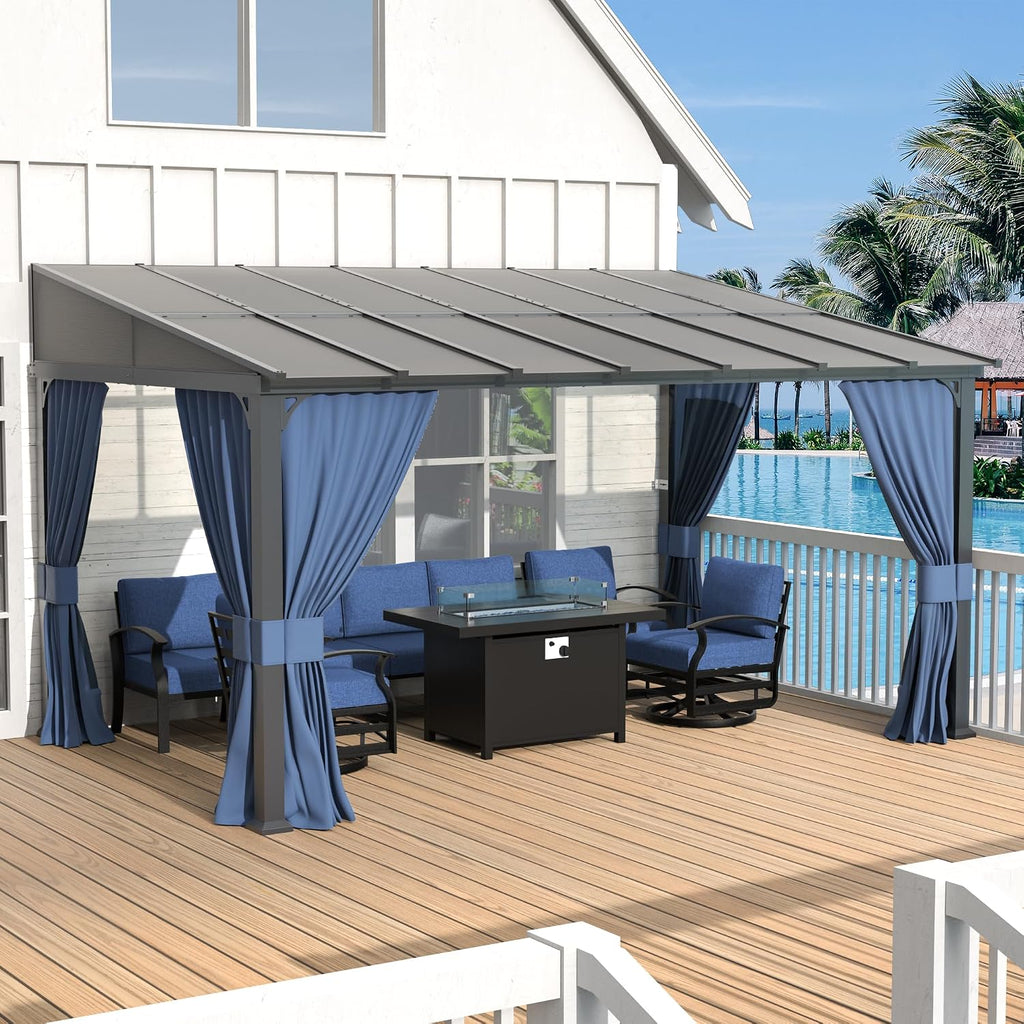 Kurapika 10' x 14' Wall Mount Gazebo Outdoor Pergola, Hardtop Lean to Gazebo Canopy Awnings with Sloped Roof and Sturdy Steel Frame, for Patio, Porch, Deck, Backyard(Navy Blue)