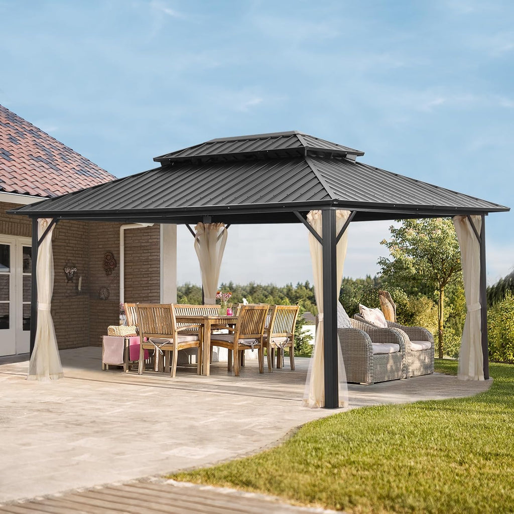 GDY 12' x 16' Hard Top Gazebo, Wood Finish Coated Aluminum Frame Gazebo with Galvanized Steel Double Roof, Metal Gazebo with Curtains and Netting for Patios, Lawns and Gardens.