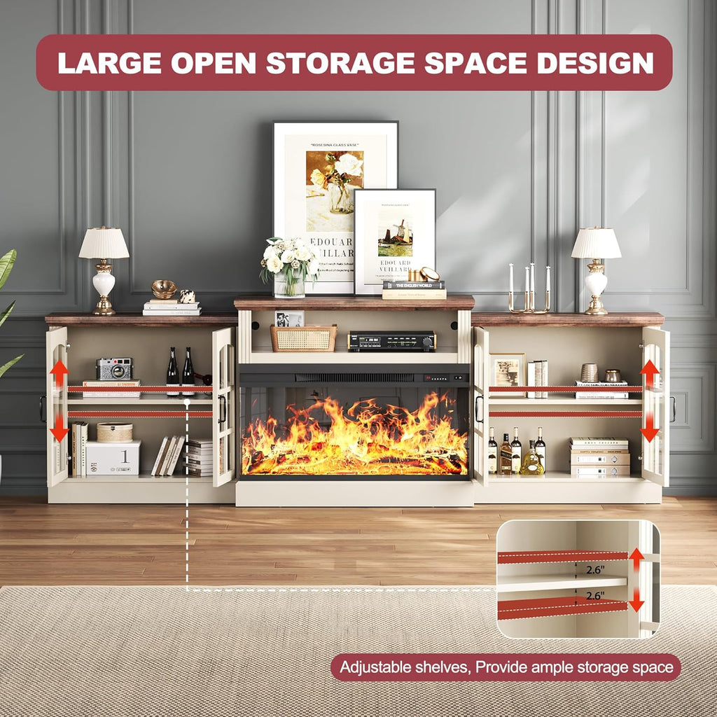 97' Fireplace TV Stand with 36' Electric Fireplace, Farmhouse Entertainment Center for TVs up to 100', Media Console Table with Large Storage Cabinets, for Living Room, White