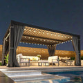 12' x 16' Louvered Pergola, Metal Outdoor Pergola with Adjustable Louvered Roof, Curtains & Netting, Gutter System, Hardtop Patio Gazebo for Patio, Deck, Garden, Yard, Dark Gray