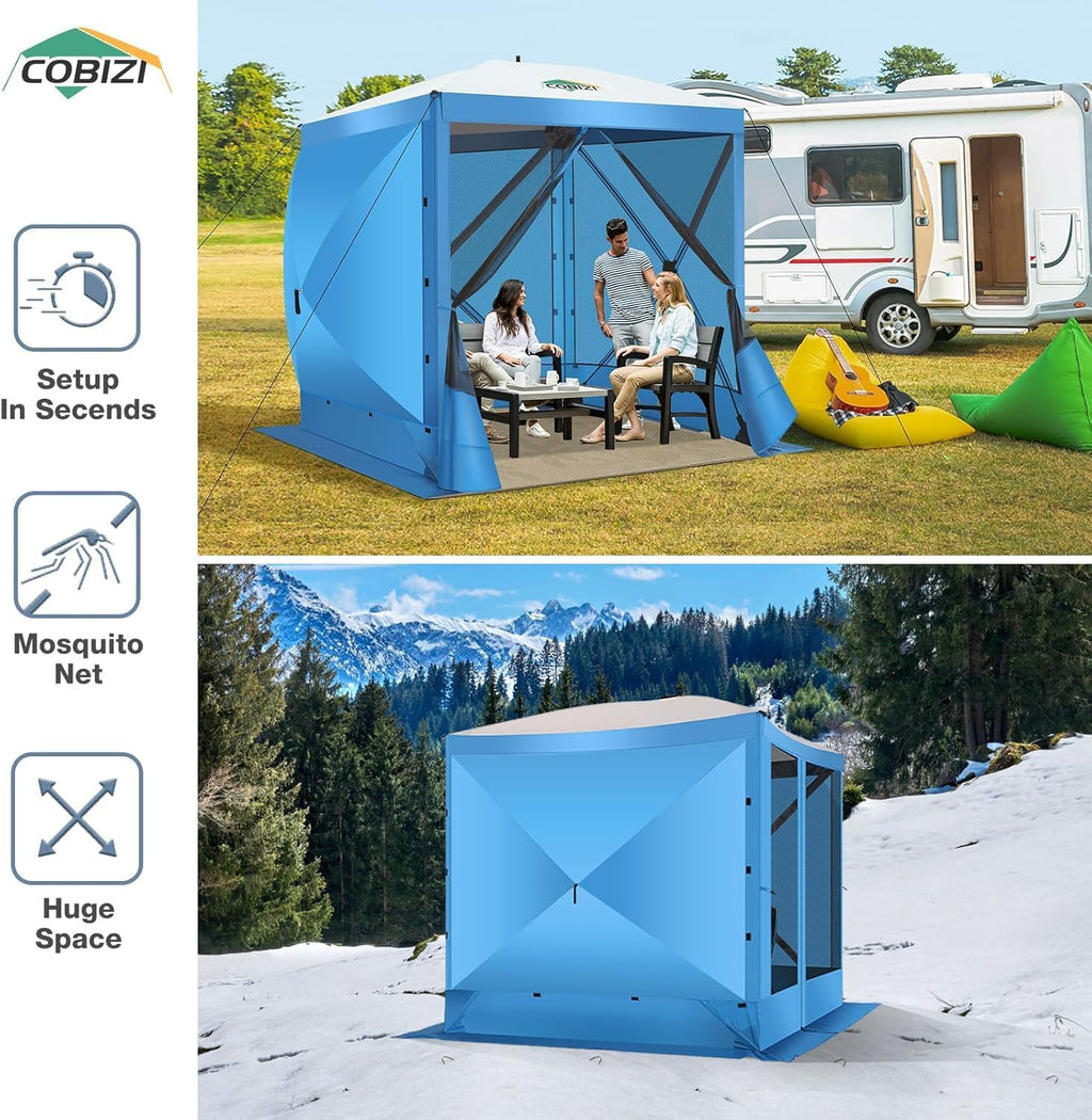 COBIZI 6x6FT Pop Up Gazebo Screen Tent Screen House for Camping, Screen Room with Sidewalls and Mosquito Netting, Hub Tent Instant Screened Canopy with Carrying Bag and Ground Stakes, Blue