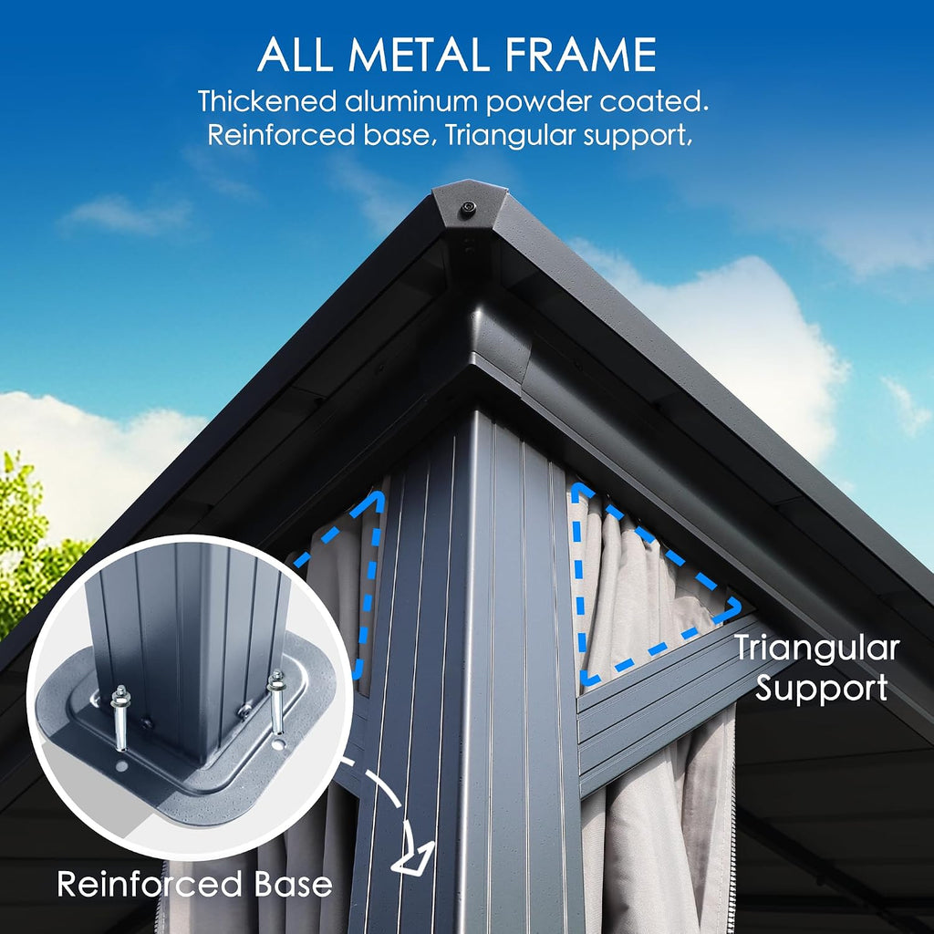 Kozyard Caesar 10'x12' Hardtop Gazebo - Permanent Metal Pavilion with Netting and Shaded Curtains for Patio, Backyard, and Deck - Galvanized Steel Outdoor Aluminum Canopy, Double Roof Gazebo (Grey)