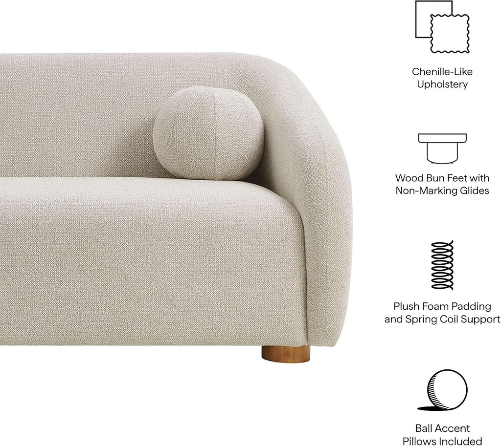 Modway Holland 85 Inch Minimalist Curved Back Sofa in Dove Gray – Chenille Fabric Sofa with Ball Throw Pillows and Wood Feet – Modern 3-Seater Couch for Living Room