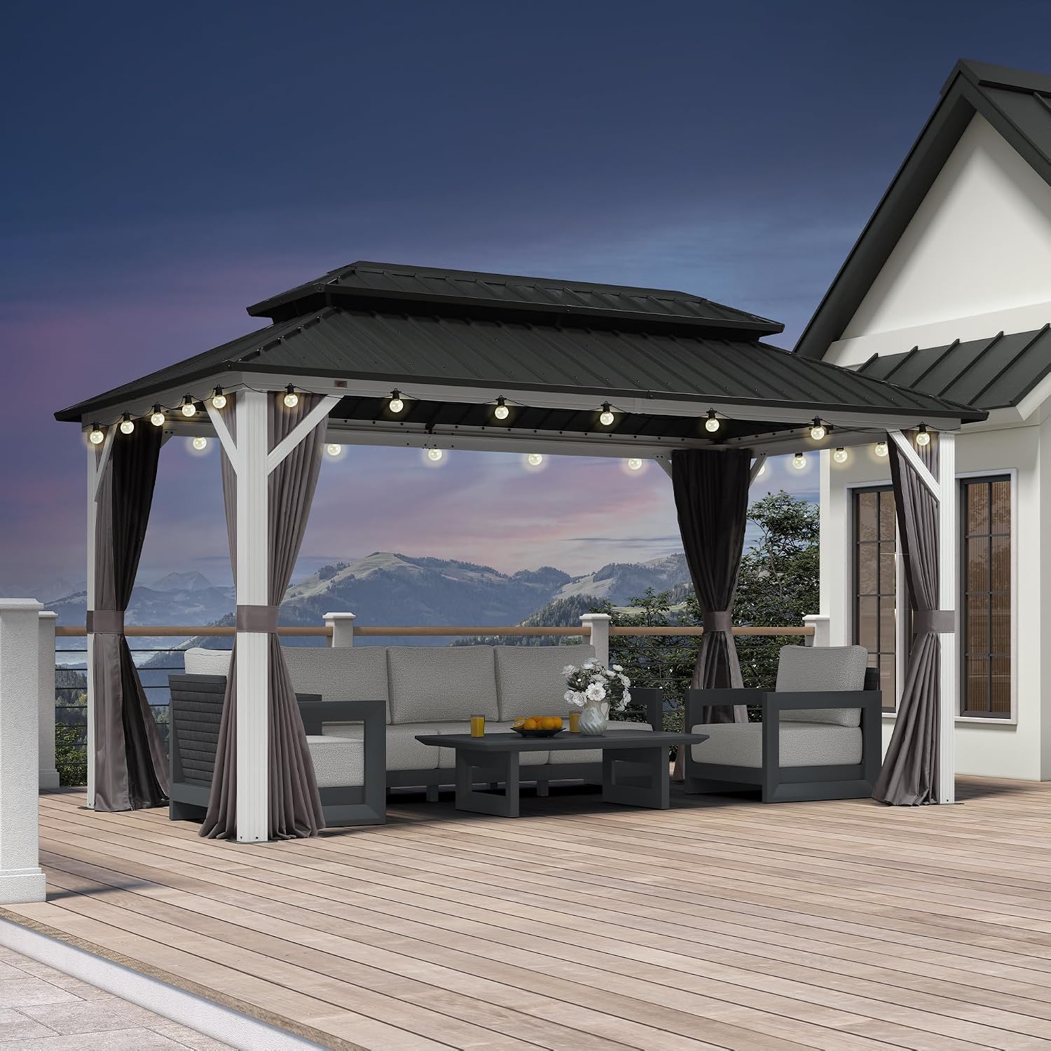 PURPLE LEAF 8' X 14' Outdoor Gazebo Galvanized Steel Double Roof White Aluminum Frame Hardtop Heavy Duty Gazebo with Curtain and Netting for Patio Garden and Backyard, Grey