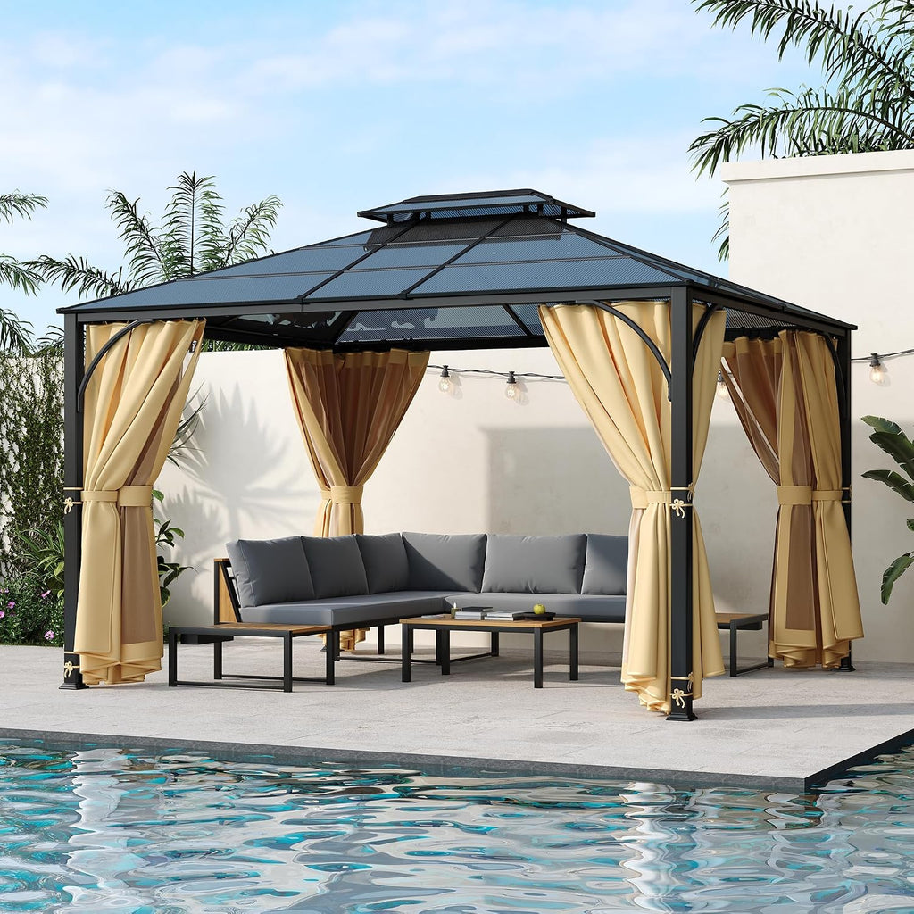 Modern 10'x12' Outdoor Hardtop Gazebo,Heavy Duty Double Roof Patio Gazebo with Aluminum Frame,Double-Layer Side Walls Mosquito Netting & Privacy Curtains,for Backyard Garden Lawn (Beige#F, 10'x12')