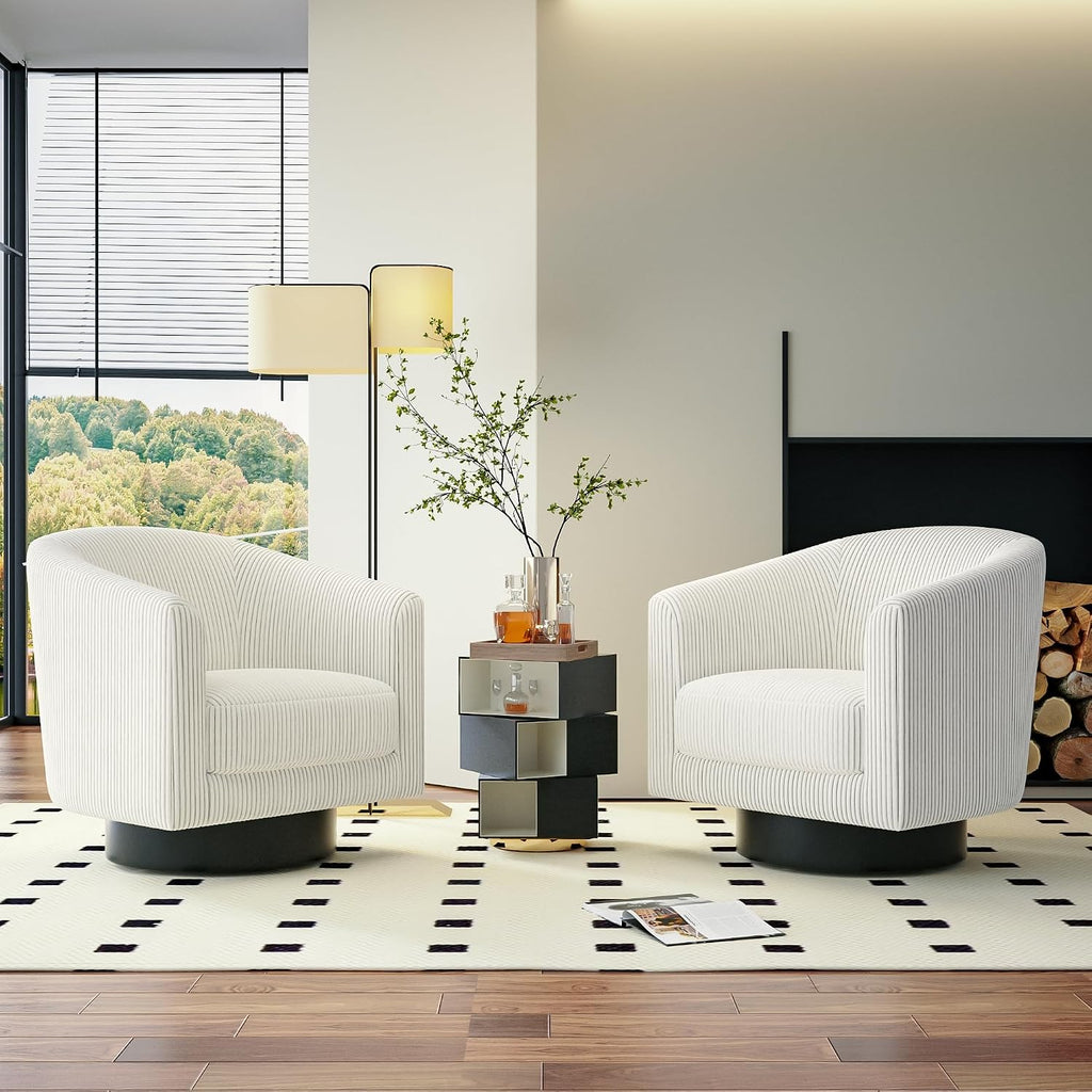 Swivel Accent Chairs Set of 2, 360° Bucket Chair, Modern Upholstered Barrel Armchair, Comfy Corduroy Single Sofa for Living Room Bedroom, Beige