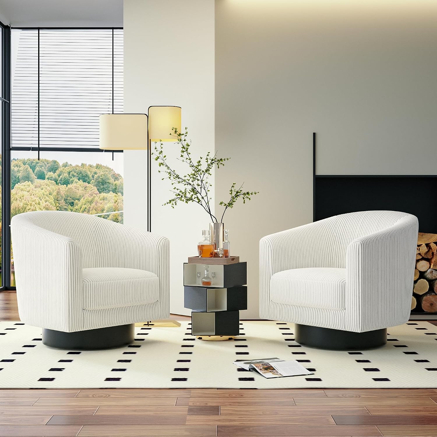 Swivel Accent Chairs Set of 2, 360° Bucket Chair, Modern Upholstered Barrel Armchair, Comfy Corduroy Single Sofa for Living Room Bedroom, Beige
