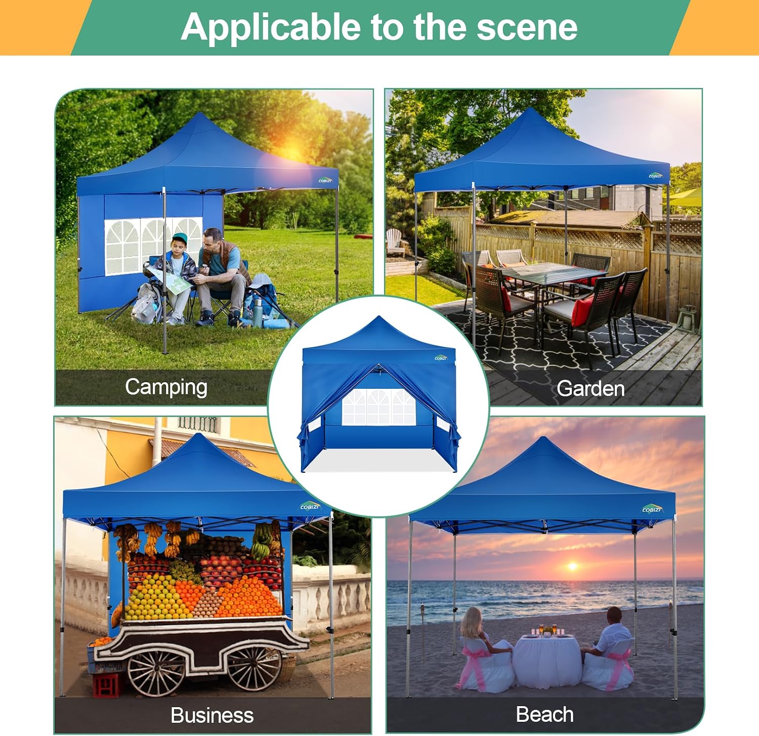 COBIZI 10x10 Pop Up Canopy with Sidewalls Heavy Duty Party Tent with Removable Awning Easy Up Outdoor Canopy Wedding, All Season Windproof&Waterproof with Roller Bag UPF 50+, Blue