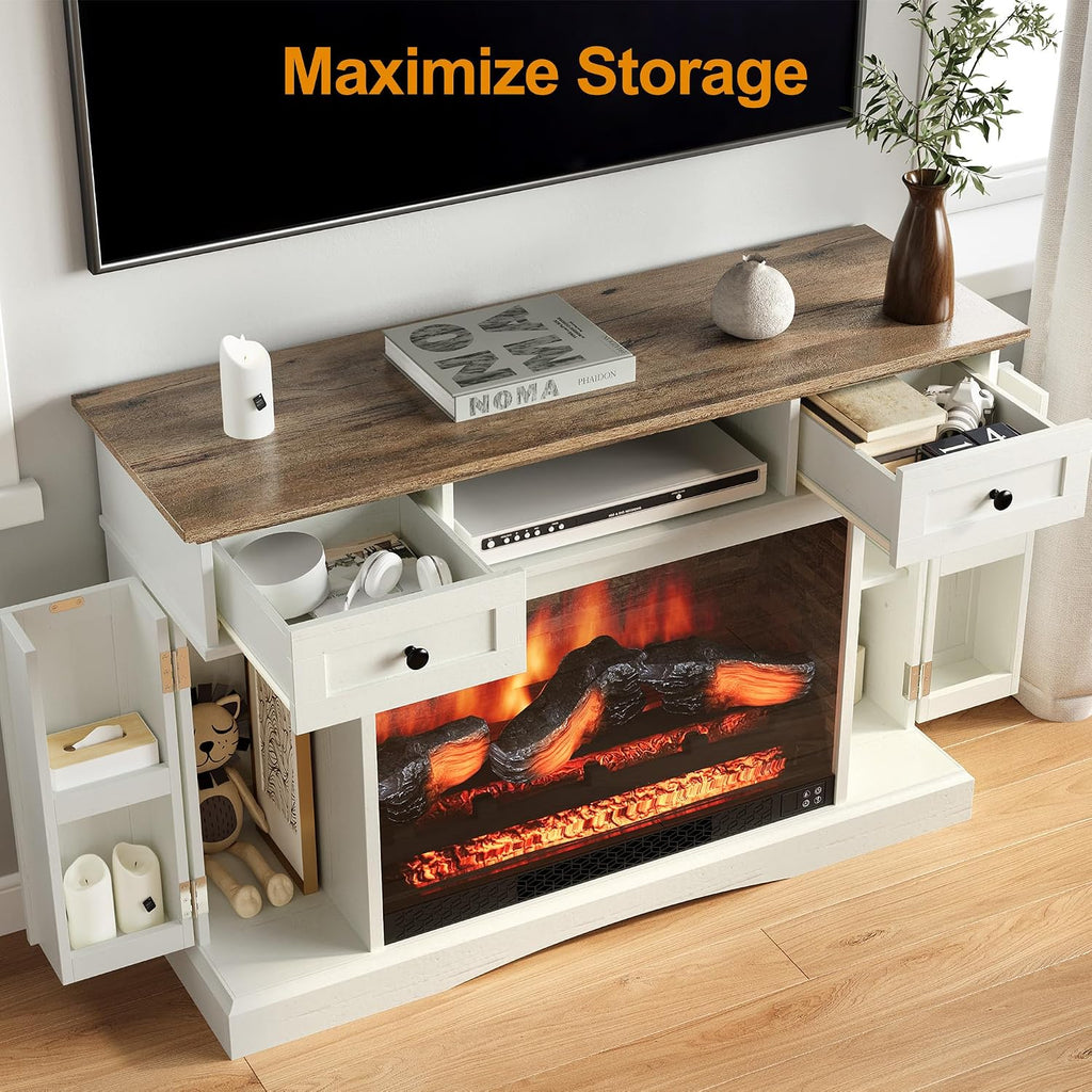 RoyalCraft TV Stand with 28'' Fireplace for TVs up to 55'', Media Console Table with Adjustable Shelves, Double-Door Design, Entertainment Center for Living Room, Bedroom, White