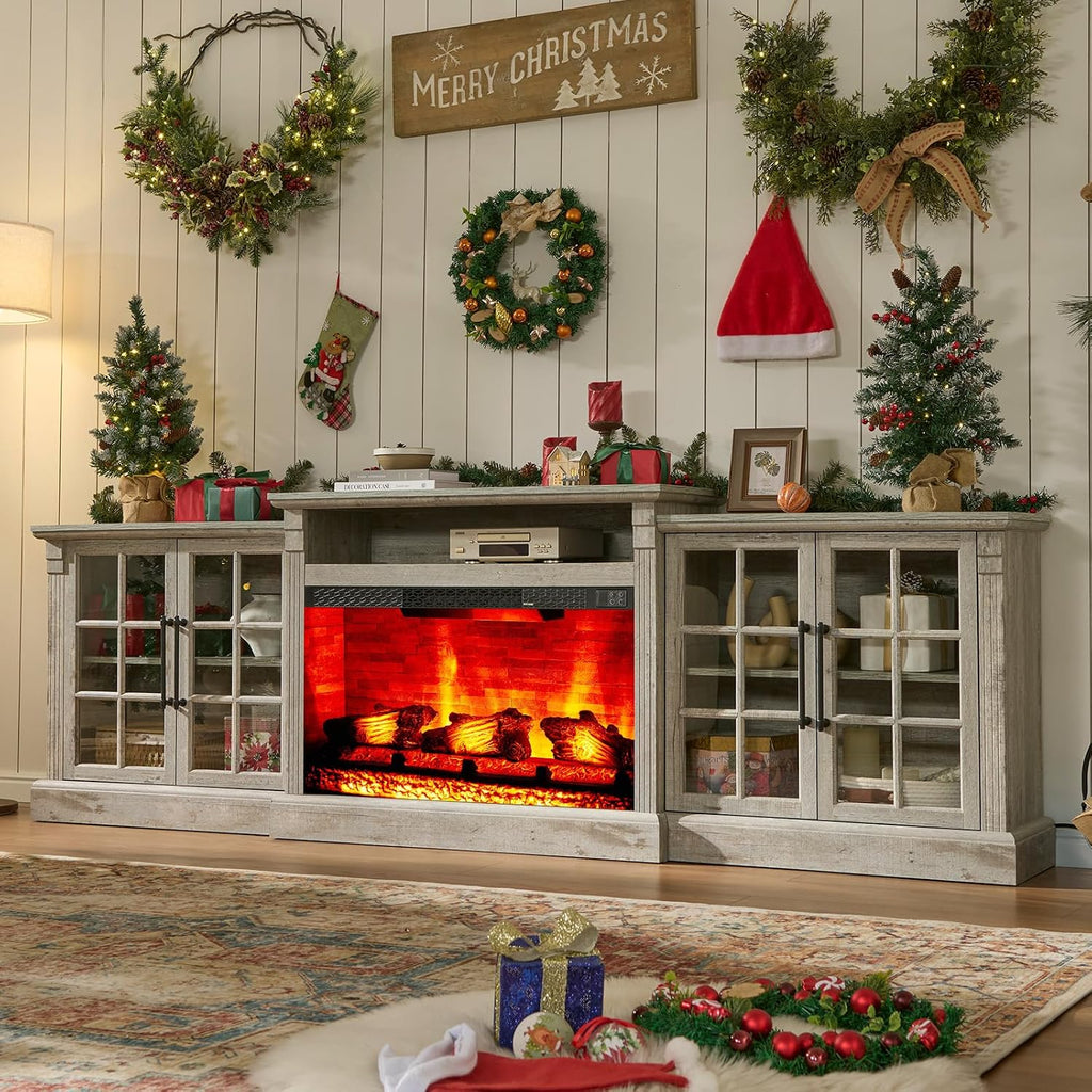 AMERLIFE 97' Farmhouse Fireplace TV Stand, Entertainment Center with Large Storage Space and Adjustable Shelf, Media Console for Living Room, Light Grey