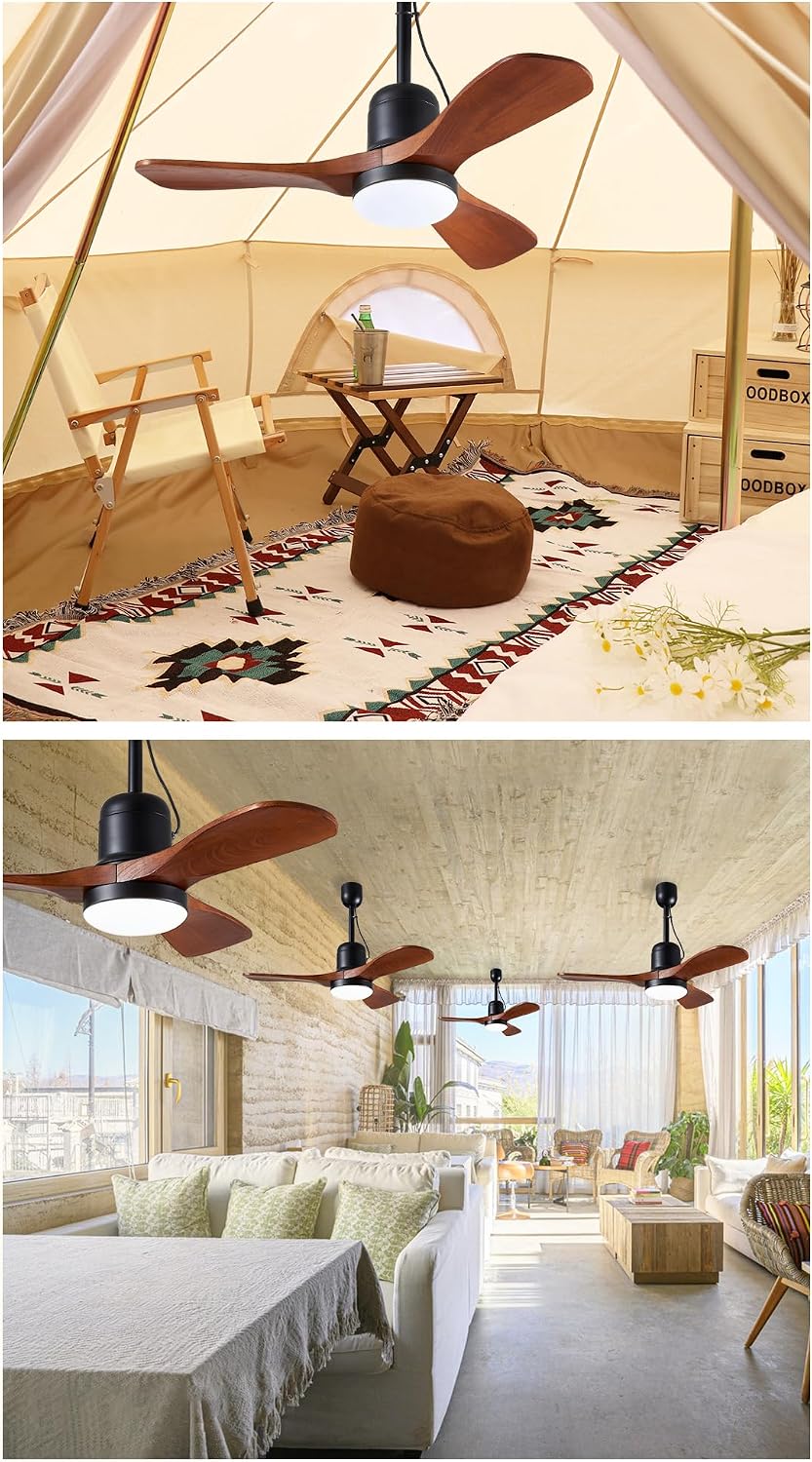 34' Outdoor Ceiling Fan with Light & Remote, Plug-in or Hardwire Gazebo Fan, Waterproof Wet Rated, 3 Walnut Wood Blades, Rustic Farmhouse Hanging Fan for Patio, Porch & Bedroom (Walnut-F235)